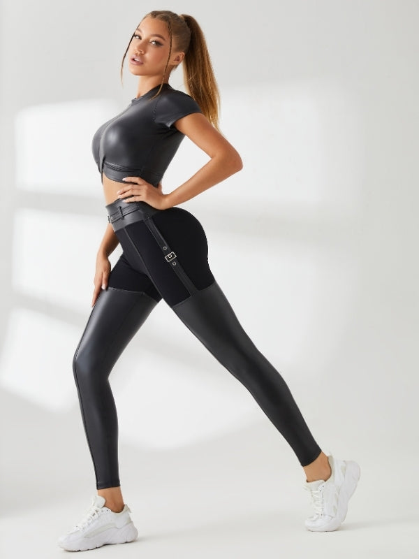 ZASUWA Women's PU Glossy Metal Button High Waist Hip Lift Workout Leggings - Gym, Yoga & Running Activewear