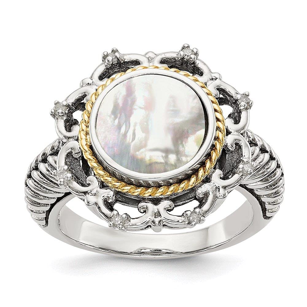 Antique Sterling Silver 14k Gold Mother of Pearl & Diamond Ring - Size 6 for Women | Elegant Vintage Jewelry for Weddings, Anniversaries & Special Occasions