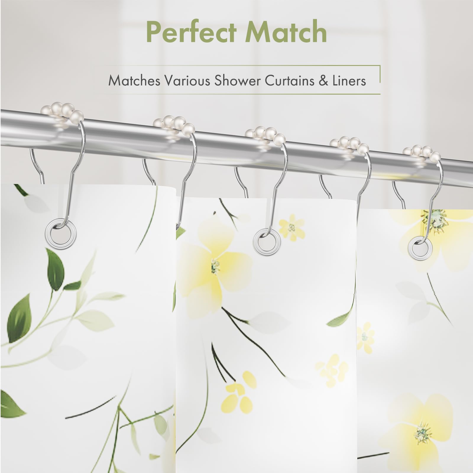 Stainless Steel Shower Curtain Hooks - 12 Pack Decorative Bathroom Hooks for Shower Curtains, Rustproof & Durable White Shower Accessories - Perfect for Bathroom, Hotel, and Home Decor