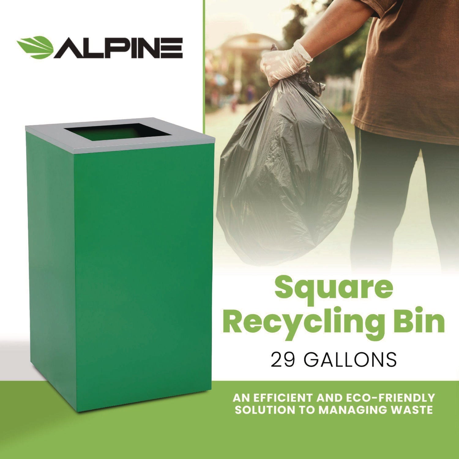 Alpine Industries 29 Gallon Steel Trash Can & Recycling Bin with Square Lid - Green Heavy Duty Waste Container for Kitchen, Office & Outdoor Use