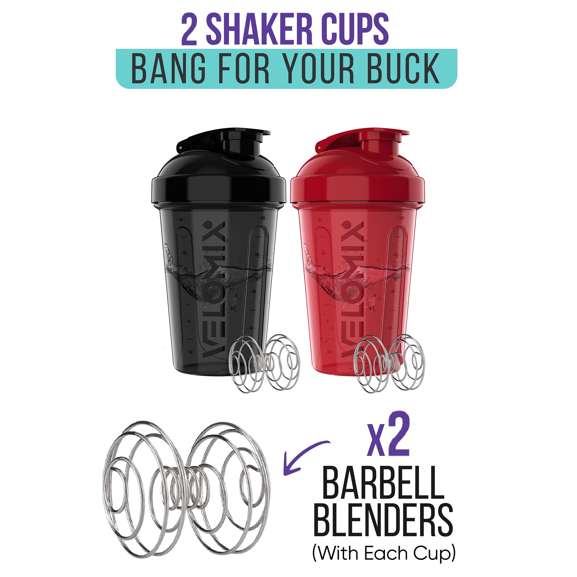 2 Pack 20oz Protein Shaker Bottles with Wire Whisk - Leak Proof Mixing Cups for Protein Powder, Pre Workout & Meal Replacement Shakes - Perfect for Gym, Fitness & Bodybuilding - BPA Free Sports Water Bottle