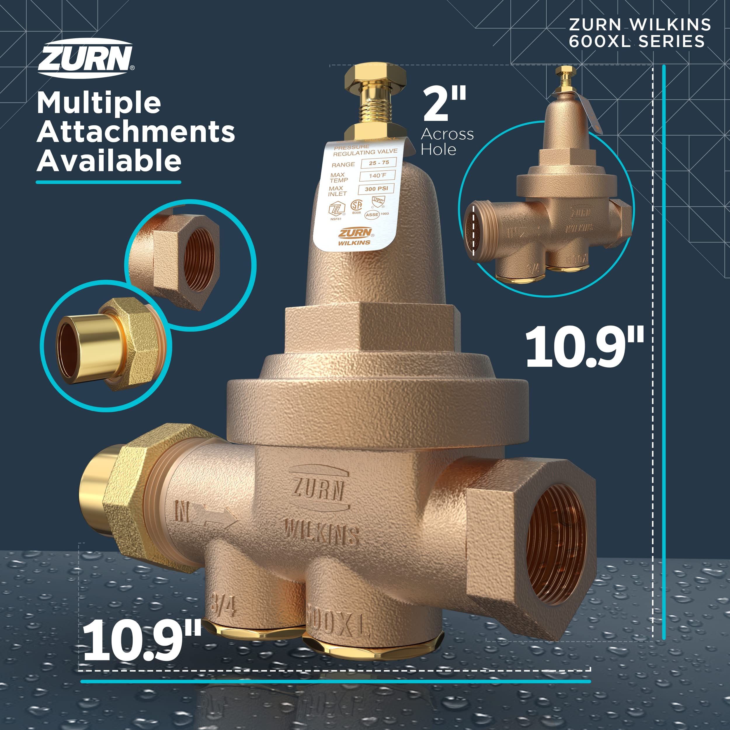Zurn Wilkins 2 Inch 600XL Pressure Reducing Valve with Copper/Sweat Connection - Ideal for Residential and Commercial Water Pressure Regulation