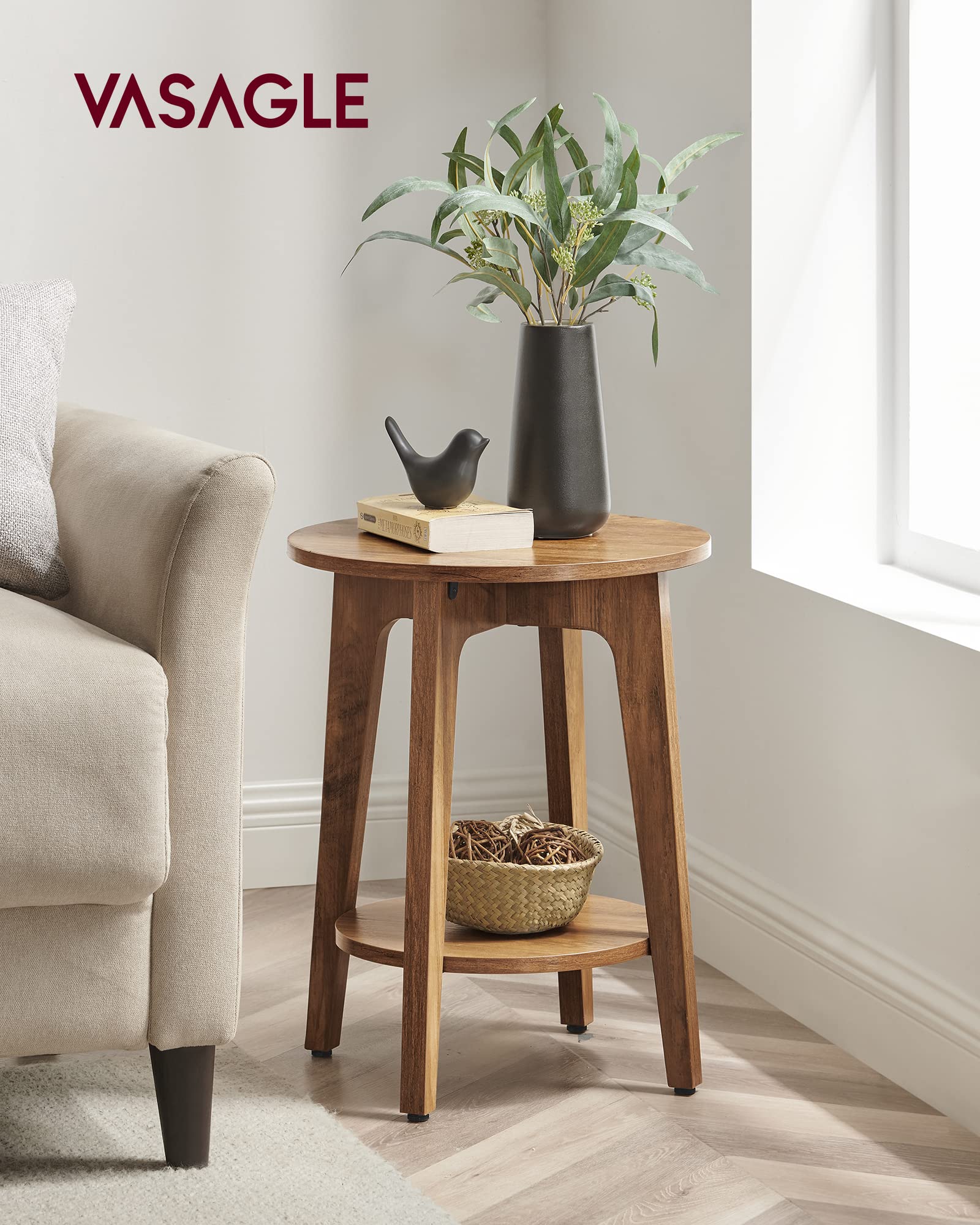 VASAGLE Small Round Side Table with Lower Shelf, Rustic Walnut Nightstand & End Table for Living Room, Bedroom, Office - Compact Furniture for Small Spaces, Perfect as Coffee Table or Bedside Stand