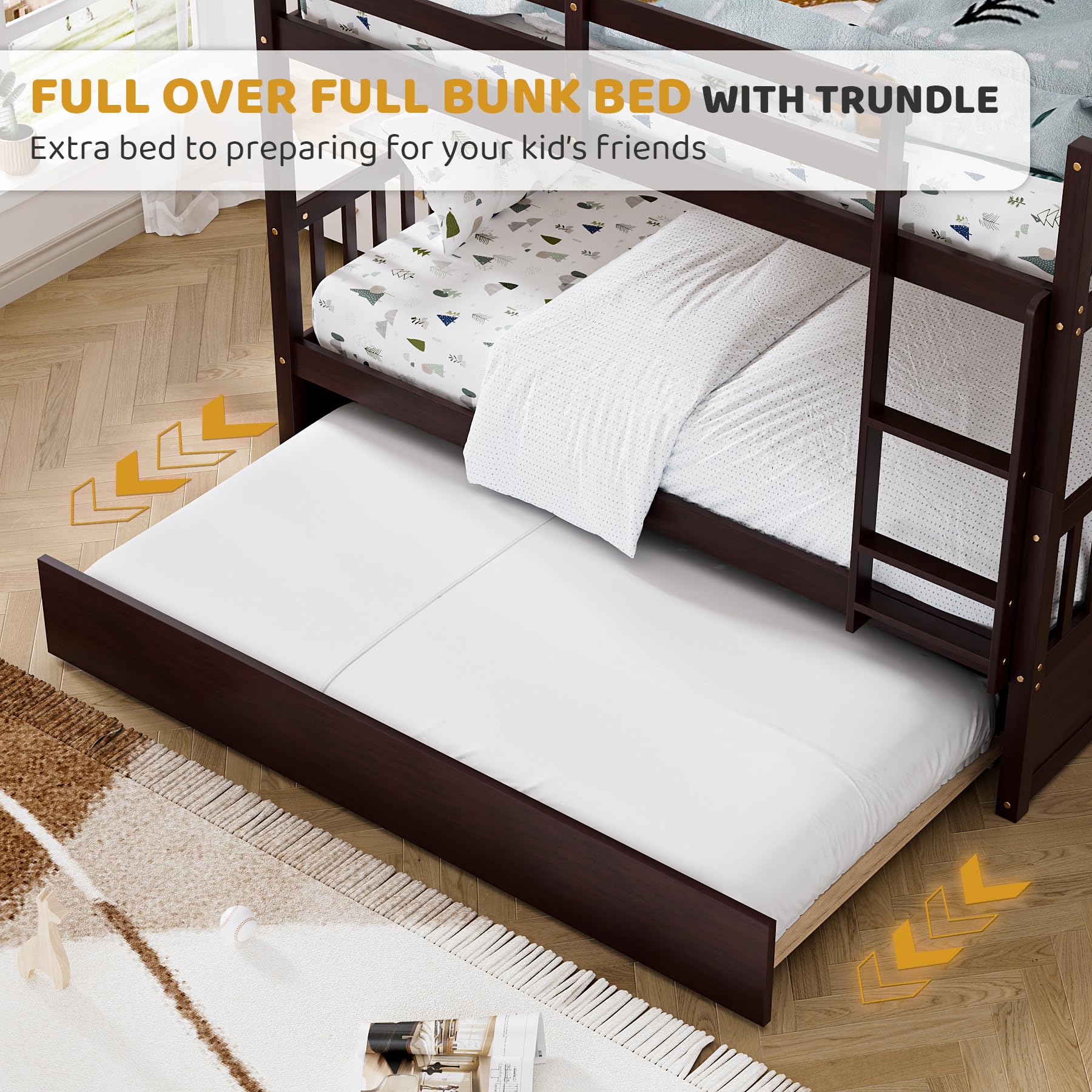 Rophefx Full Over Full Bunk Bed with Trundle - Convertible to 2 Full Size Bunk Beds, Solid Wood Construction with Safety Rails & Ladder - Space-Saving Bed for Adults, Teens & Kids - Perfect for Dorms, Guest Rooms & Small Apartments (Espresso Finish)