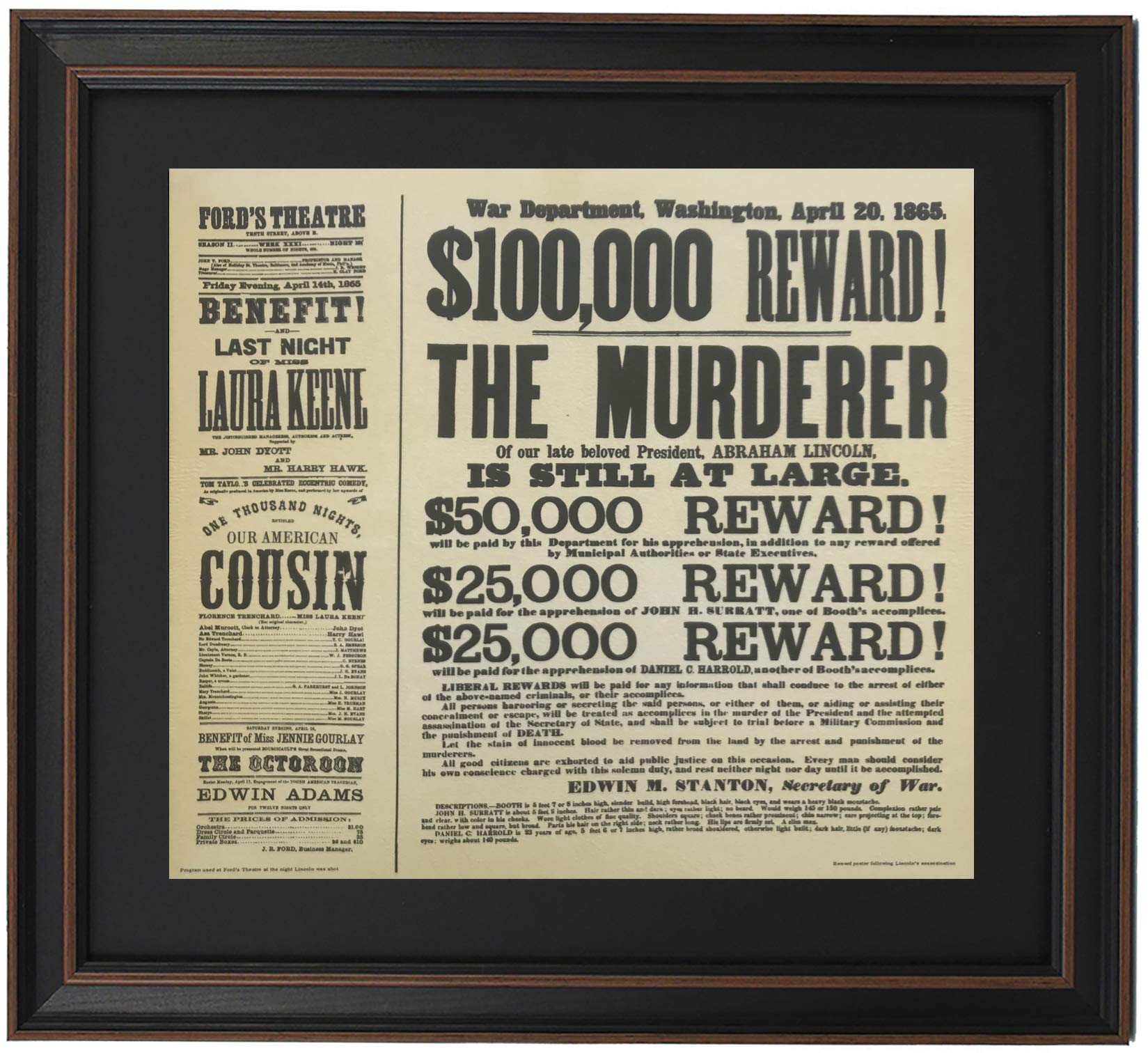 Vintage Lincoln's Assassin Framed Reward Poster & Ford Theater Program - Authentic Civil War Memorabilia, Handmade in USA - Perfect Gift for History Buffs, Classroom Decor, and American History Enthusiasts