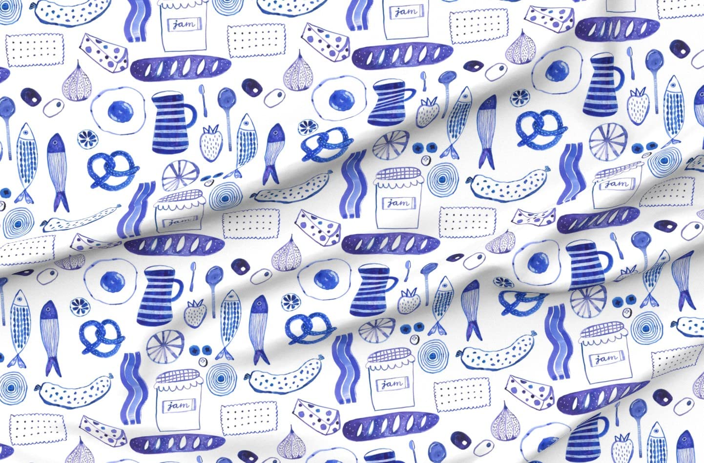 Appetit Blue Fish Food Breakfast Platter Printed Denim Fabric by The Yard - Bottomweight Cotton for Apparel, Home Decor & Upholstery - Perfect for DIY Sewing Projects, Curtains, and Table Runners
