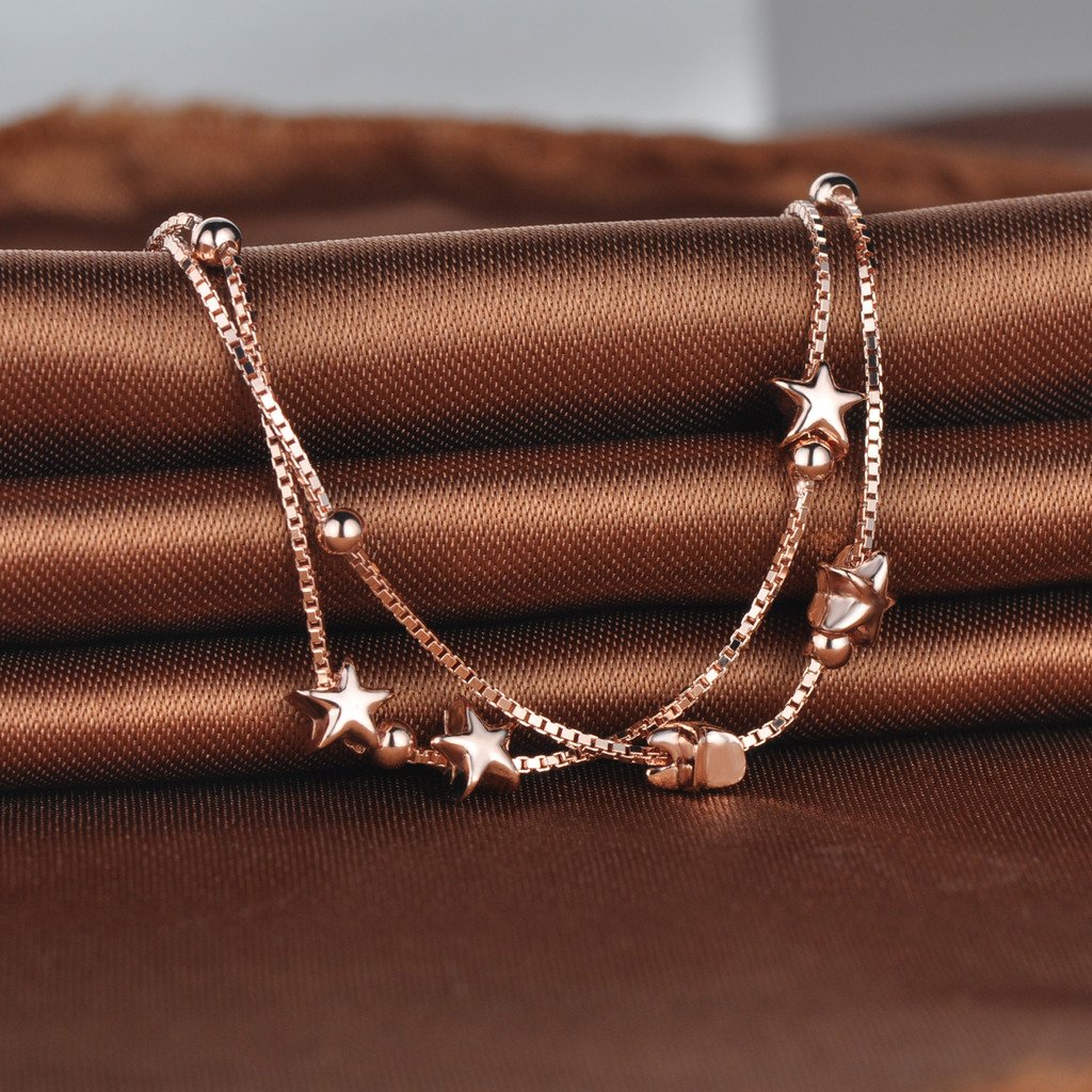 925 Sterling Silver Adjustable Multi-Strand Charm Bracelet with Rose Gold Star Charms - Elegant Link Chain Bangle for Women, Perfect for Everyday Wear, Date Nights & Special Occasions