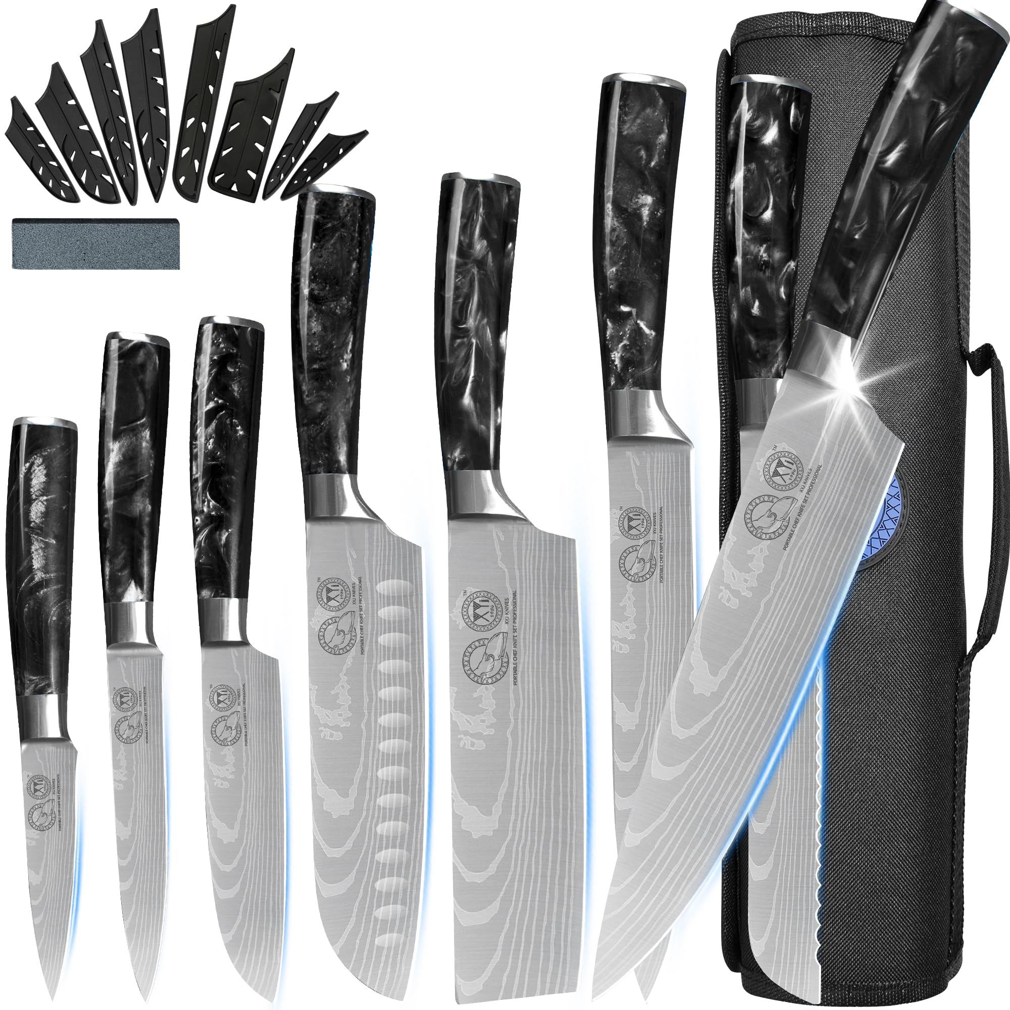XYJ Authentic Japanese Chef Knives Set Since 1986 - 8-Piece Stainless Steel Kitchen Knives with Roll Bag & Sheaths - Professional Santoku, Paring, Slicing Knives for Cooking - Ergonomic Handle for Comfort - Perfect for Home Chefs & Culinary Enthusiasts