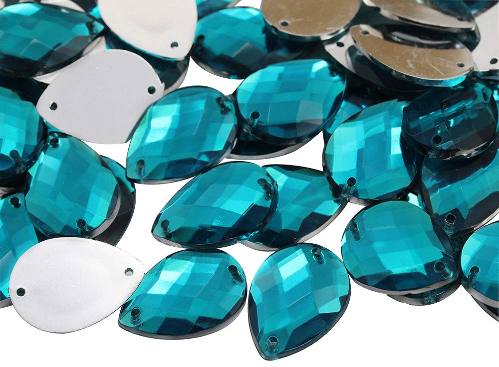 Allstarco 18x13mm Blue Aqua CH24 Teardrop Flat Back Sew On Beads - 50pcs Plastic Acrylic Rhinestones with Holes for DIY Crafts, Sewing, Clothing Embellishments, Costume Cosplay - Perfect for Jewelry Making, Scrapbooking & Home Decor
