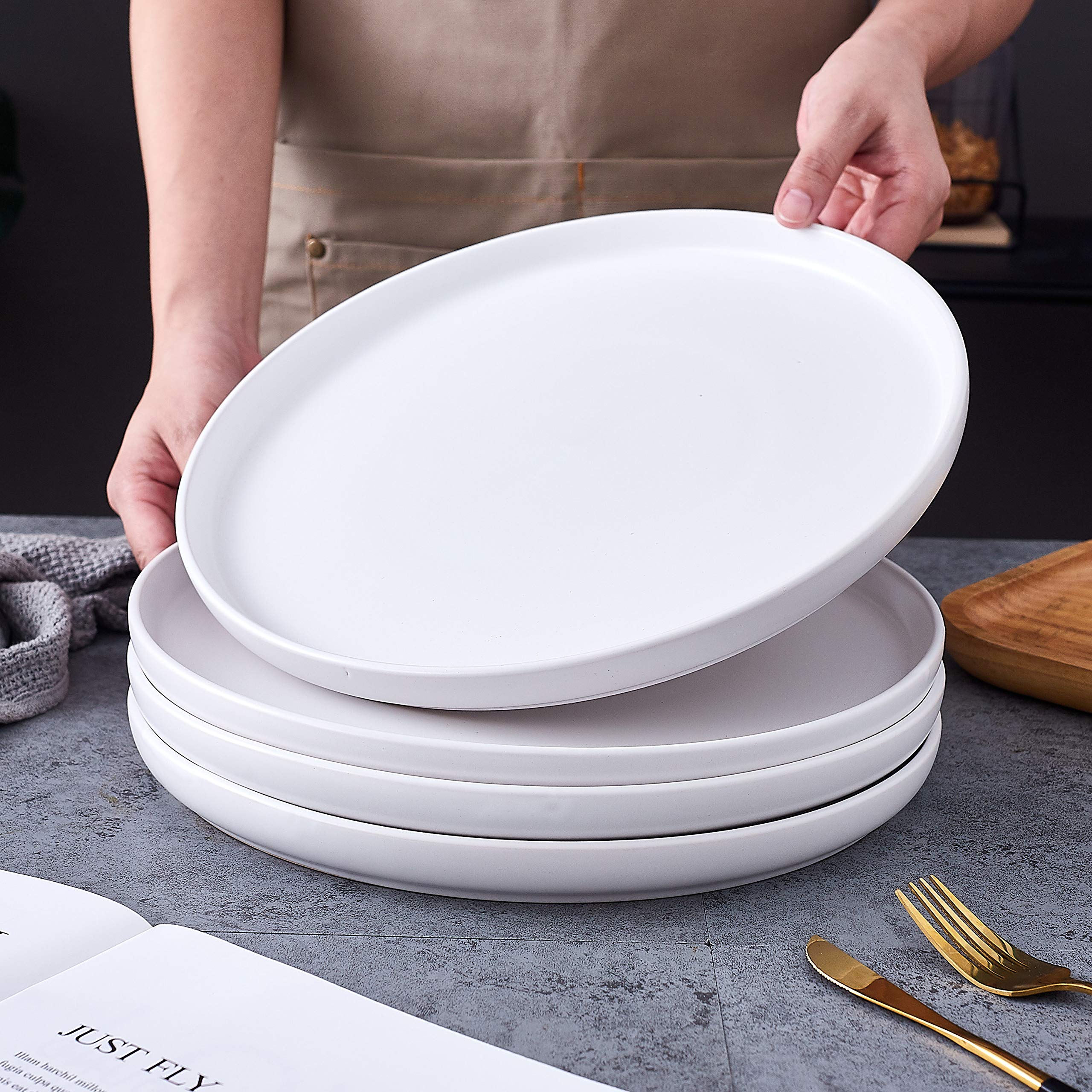 Bruntmor 11 Inch Ceramic Dinner Plates Set of 4 - Round White Pasta & Salad Plates - Oven & Dishwasher Safe Dinnerware - Perfect for Family Meals, Restaurants, and Dinner Parties