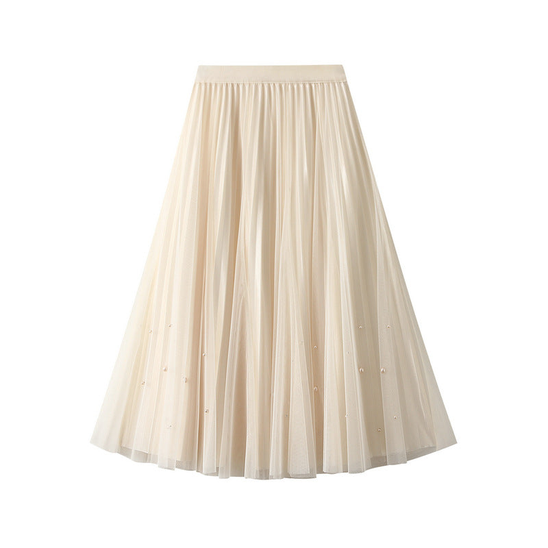 Beaded Mesh High Waist Fairy Pleated Midi A-Line Skirt for Women | Elegant Boho Summer Skirt for Beach, Party & Casual Wear | Style 731