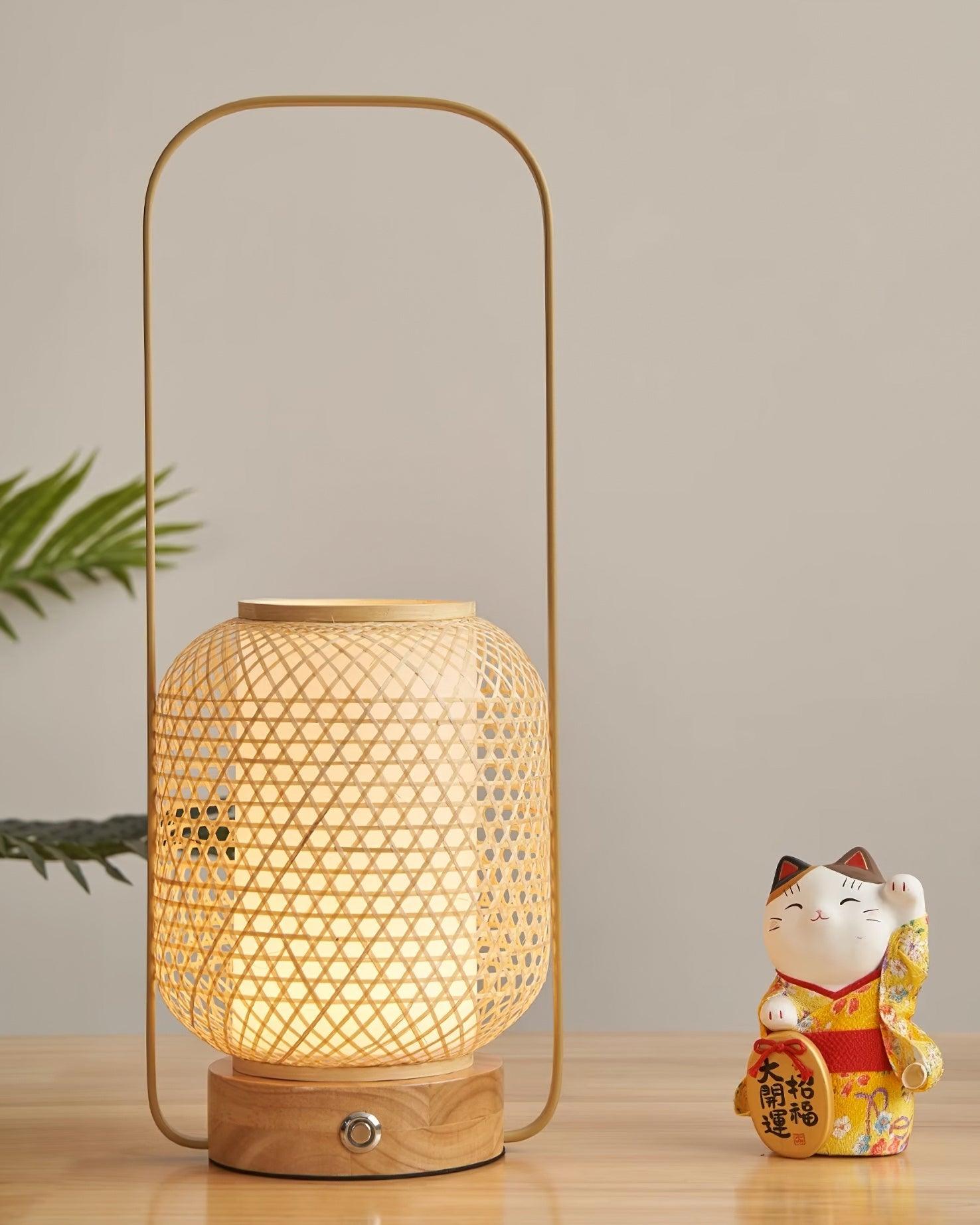 Eco-Friendly Bamboo Lantern Table Lamp - Handmade Natural Rattan Nightstand Light for Bedroom, Living Room, Patio & Outdoor Decor