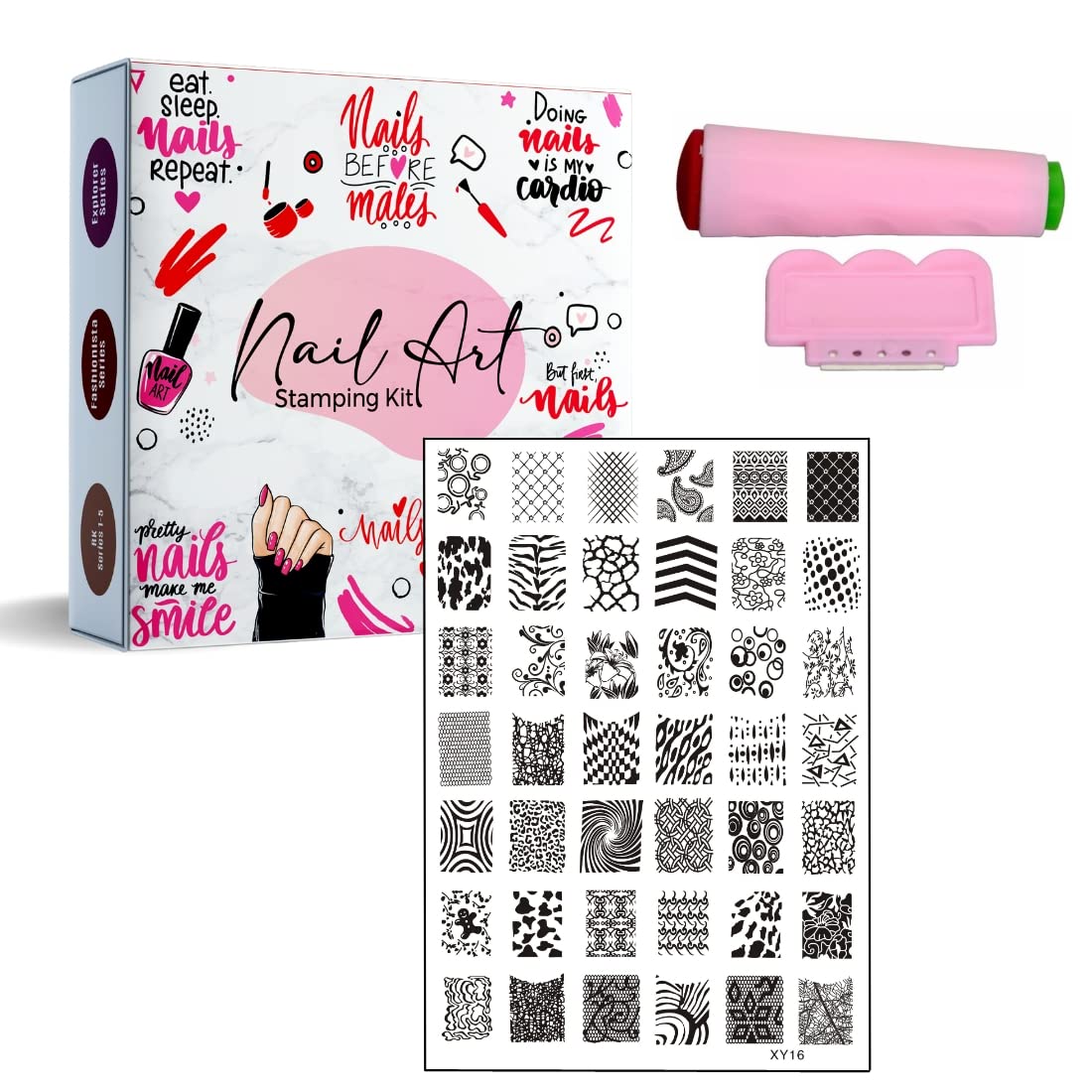 RoyalKart Nail Art Stamping Kit - 16 Jumbo Image Plates with Double-Sided Stamper & Scraper (XY16) for Professional Salon & DIY Manicure at Home