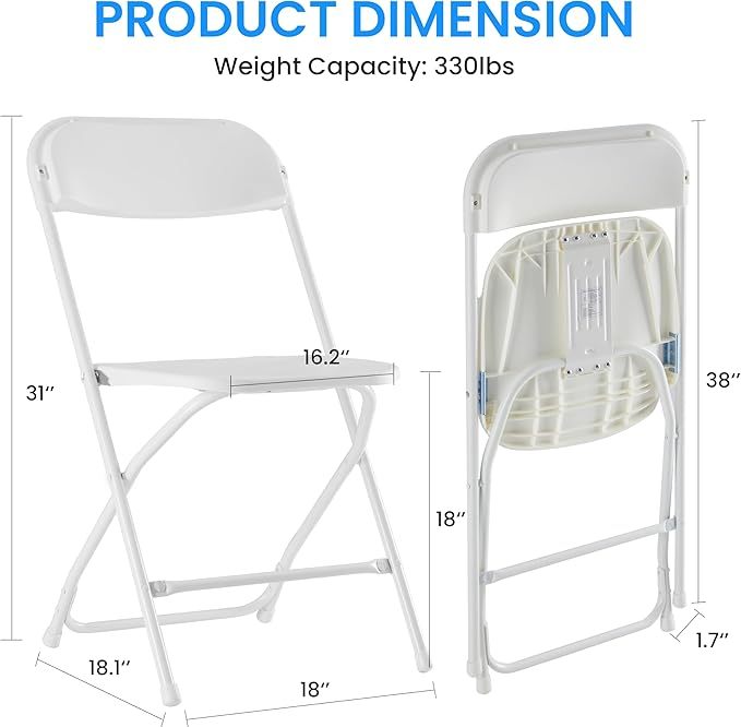 10 Pack White Plastic Folding Chairs with Metal Frame - Foldable, Stackable, Portable - 330lb Capacity - Ideal for Outdoor & Indoor Use - Perfect for Parties, Weddings, Events, Office, Patio, Picnic, Kitchen - Great for Home, Commercial & Event Venues