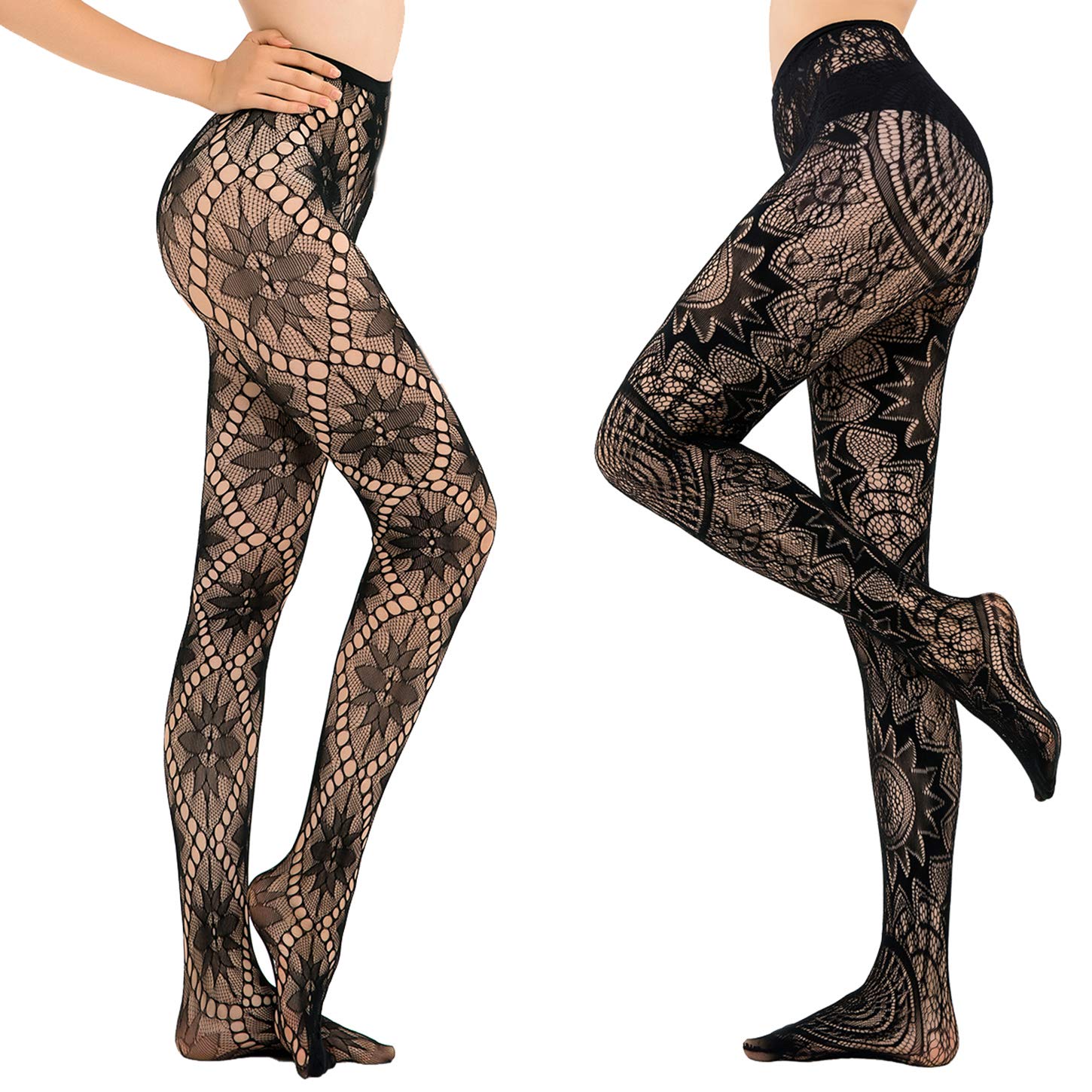HONENNA Women's Black Patterned Fishnet Tights - 1 to 6 Pairs Pack | Stylish Sheer Pantyhose Stockings for Party, Cosplay & Everyday Wear