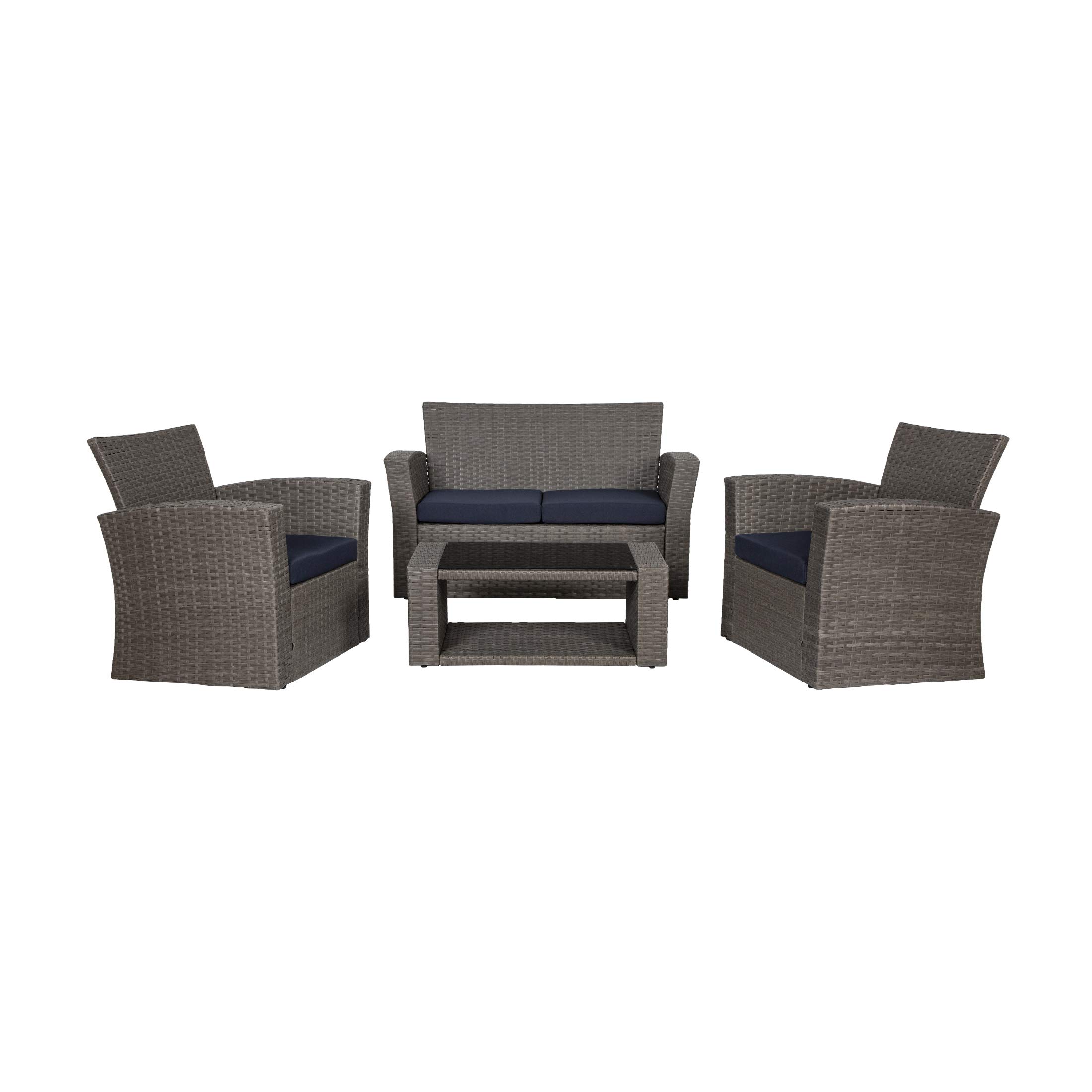 WO Home Furniture 4-Piece Patio Conversation Set - Gray Rattan Wicker Sofa, Chairs & Coffee Table with Navy Blue Pillow Cushions | Outdoor Garden Furniture for Backyard, Poolside & Terrace Relaxation