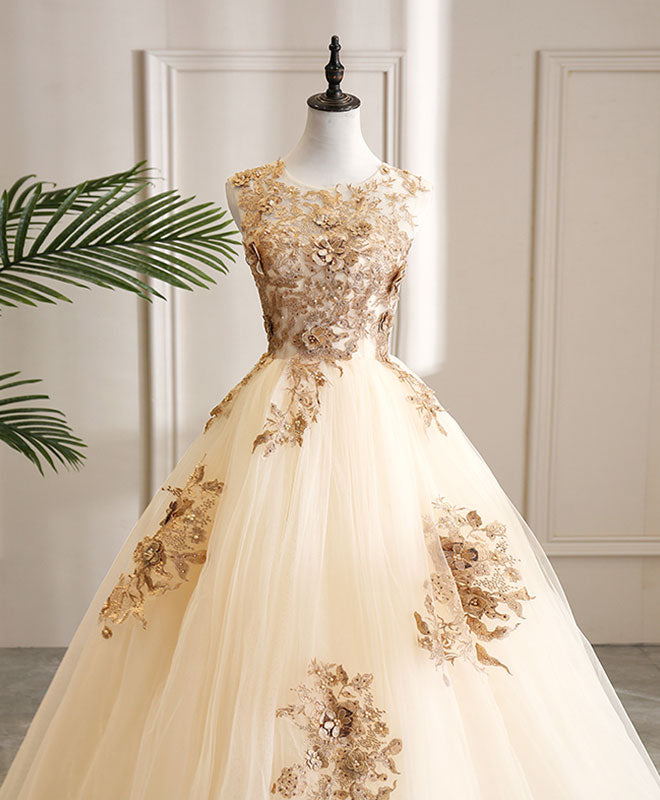Elegant Champagne Tulle Lace Long Prom Dress for Evening Gala - Perfect for Homecoming, Prom Night, and Formal Events