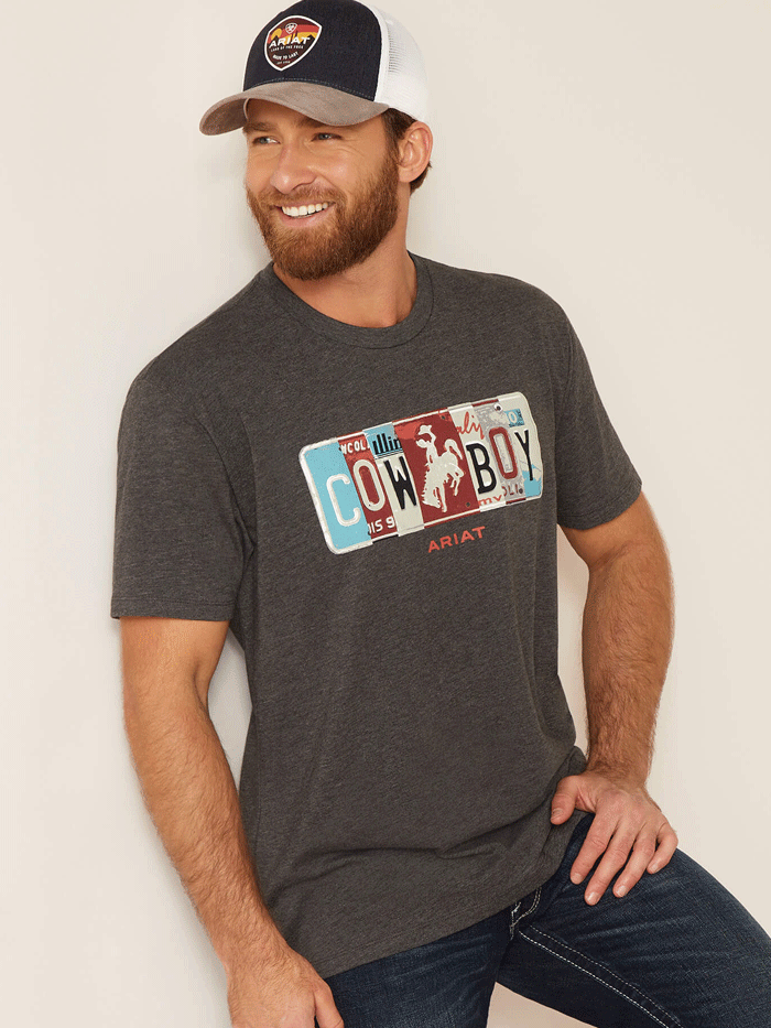 Ariat Men's License Plate Cowboy T-Shirt - Charcoal Heather Western Style Tee for Rodeo, Ranch Work & Casual Wear