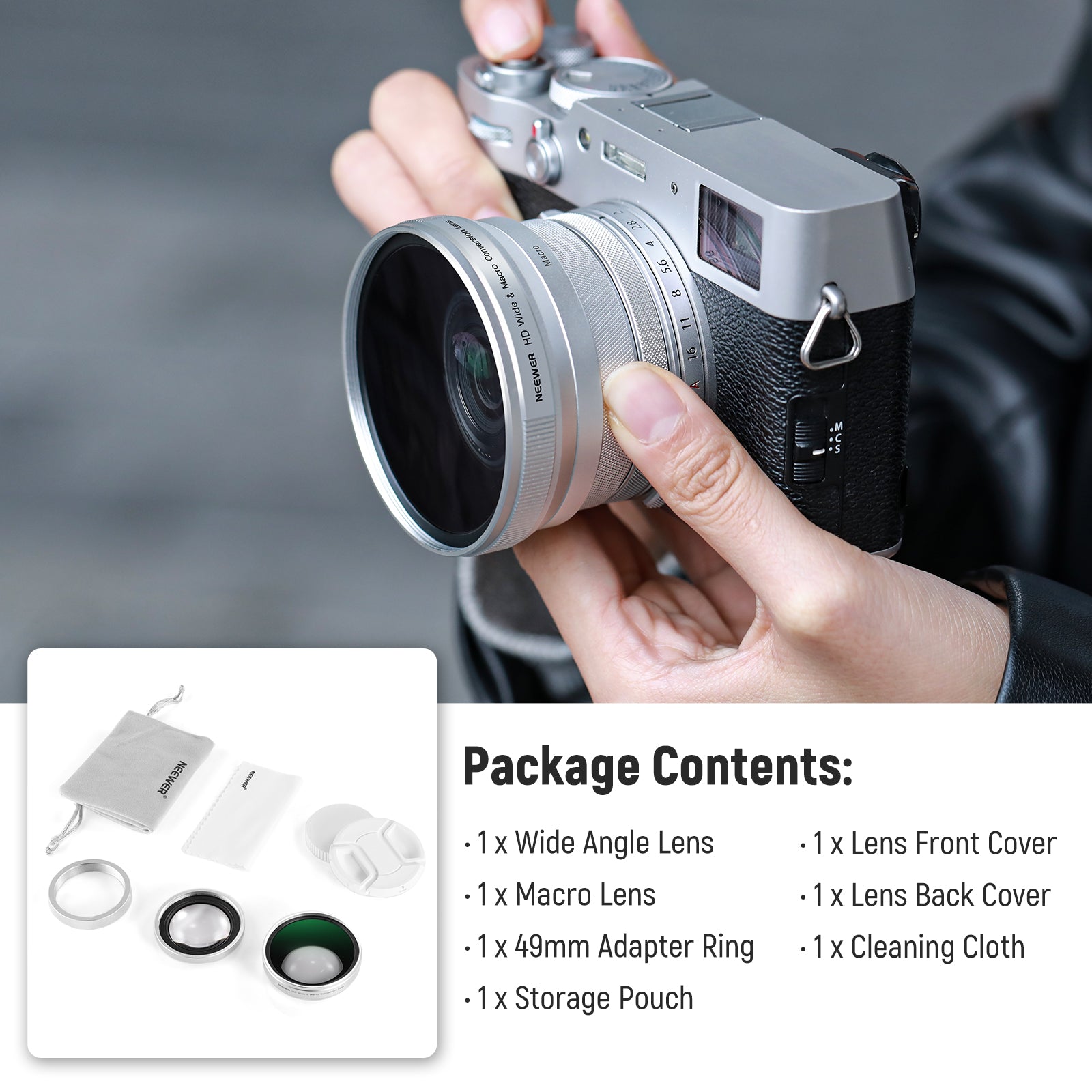 NEEWER LS 47 49mm 0.75x Wide Angle & 1.4x Macro Lens for Fujifilm X100 Series Cameras - Perfect for Landscape Photography and Close-Up Shots