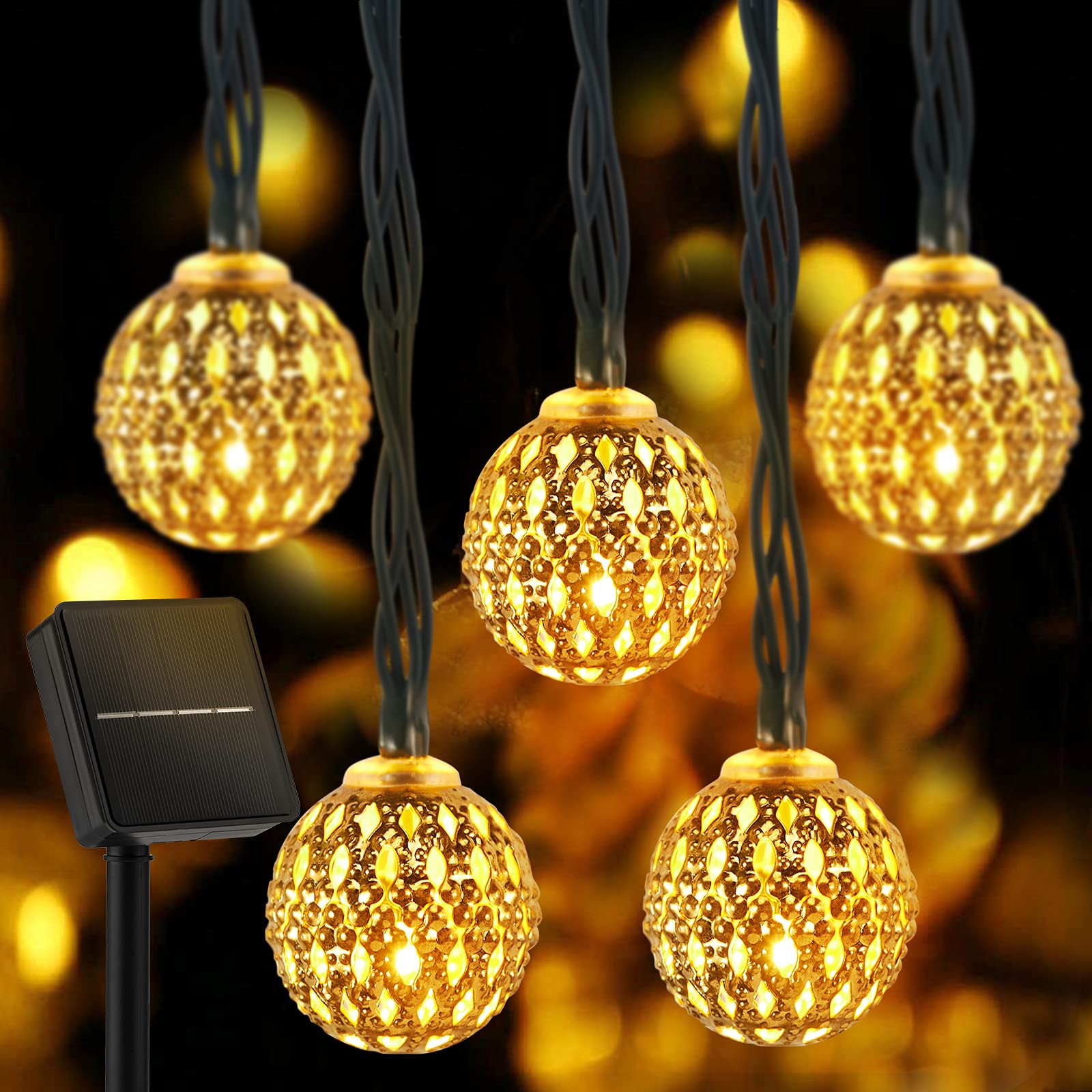 60 LED Solar Moroccan String Lights - 36 Ft Waterproof Outdoor Globe Fairy Lights with 8 Lighting Modes | Solar Powered for Garden, Yard, Gazebo, Camping, Party & Holiday Decor (Warm White)