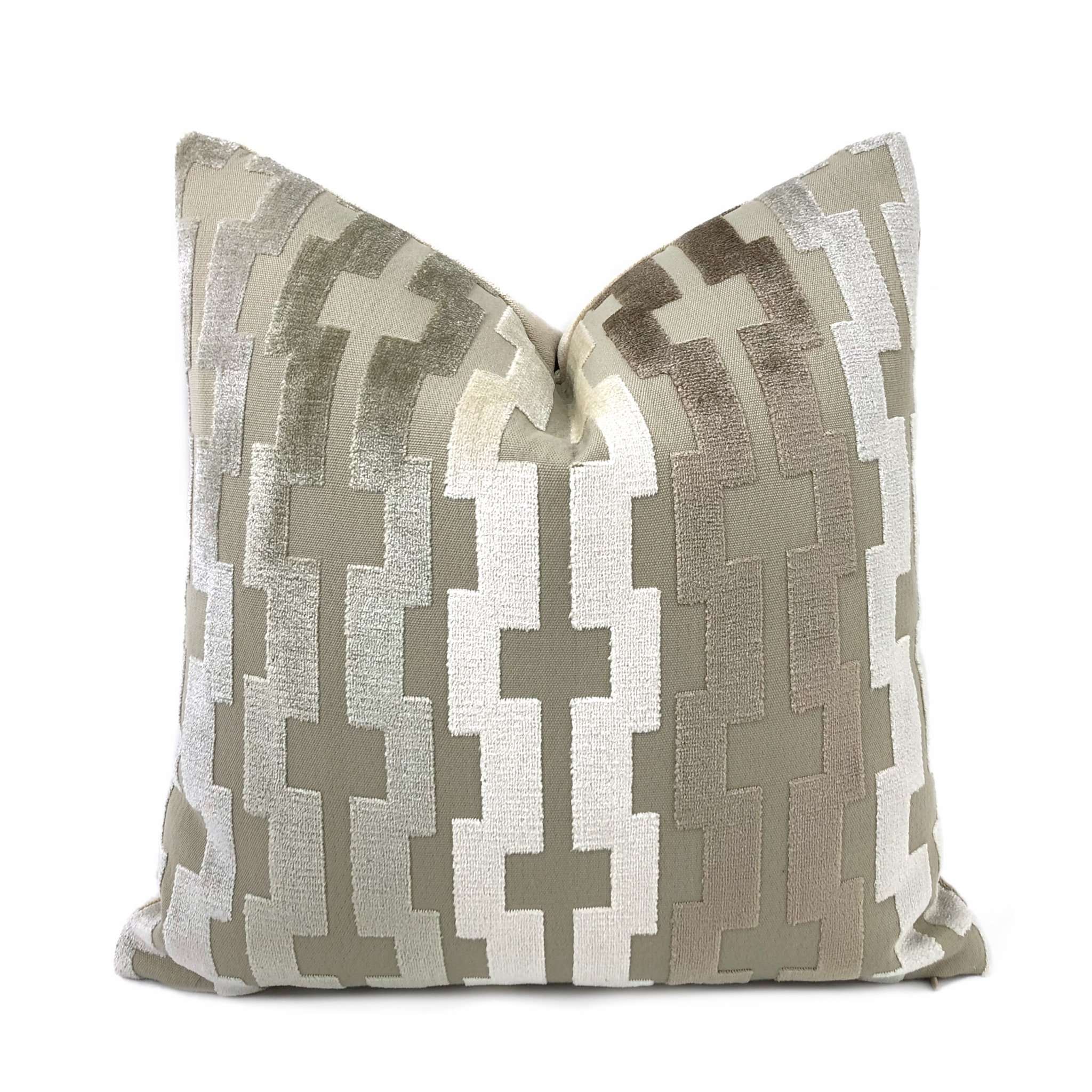 Marlow Taupe Brown Cream Geometric Velvet Stripe Pillow Cover - Soft Decorative Throw Pillow Case for Sofa, Bed & Home Decor