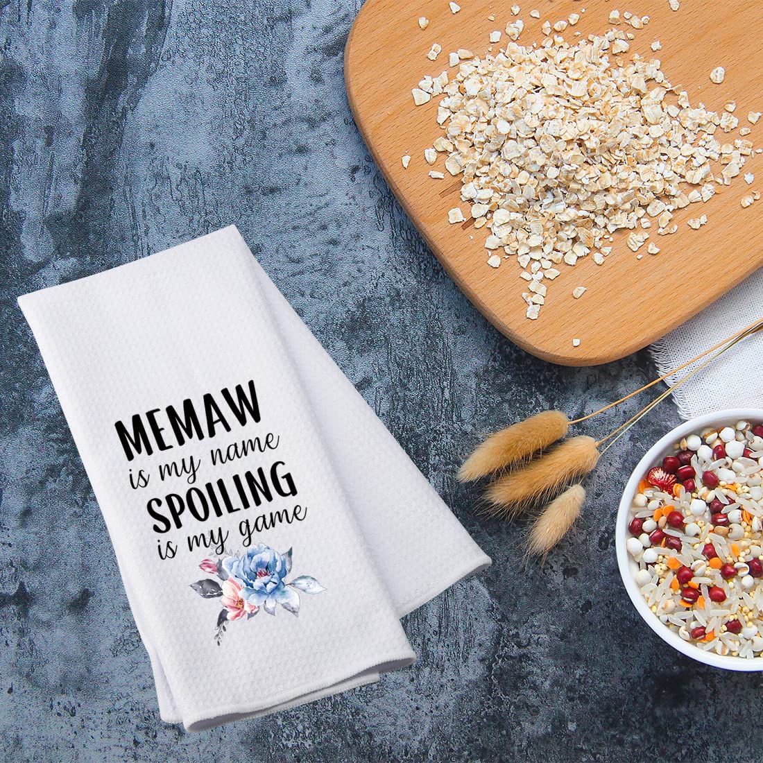 PWHAOO Grandma Memaw Kitchen Towel - Funny Memaw is My Name Spoiling is My Game Cotton Dish Towel - Cute Kitchen Decor for Grandmothers - Perfect for Gifts, Housewarming & Mother's Day