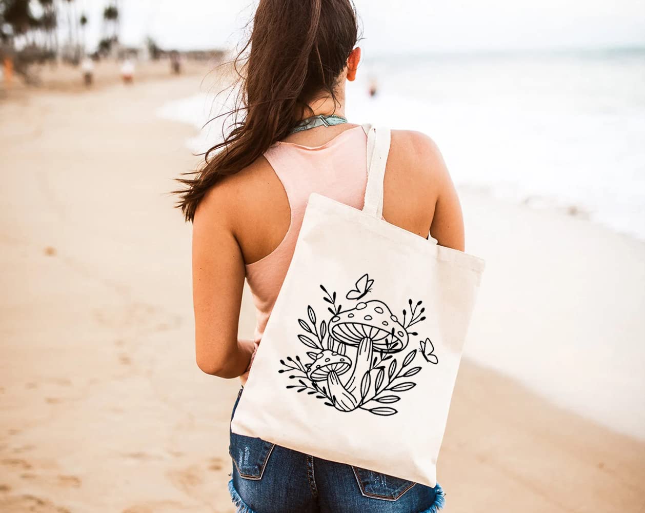 Stylish Reusable Canvas Tote Bag for Women - Cute Mushroom & Plant Print Eco-Friendly Grocery Shopping Bag | Perfect Gift for Mushroom Lovers | Great for Grocery Shopping, Beach Trips & Daily Use