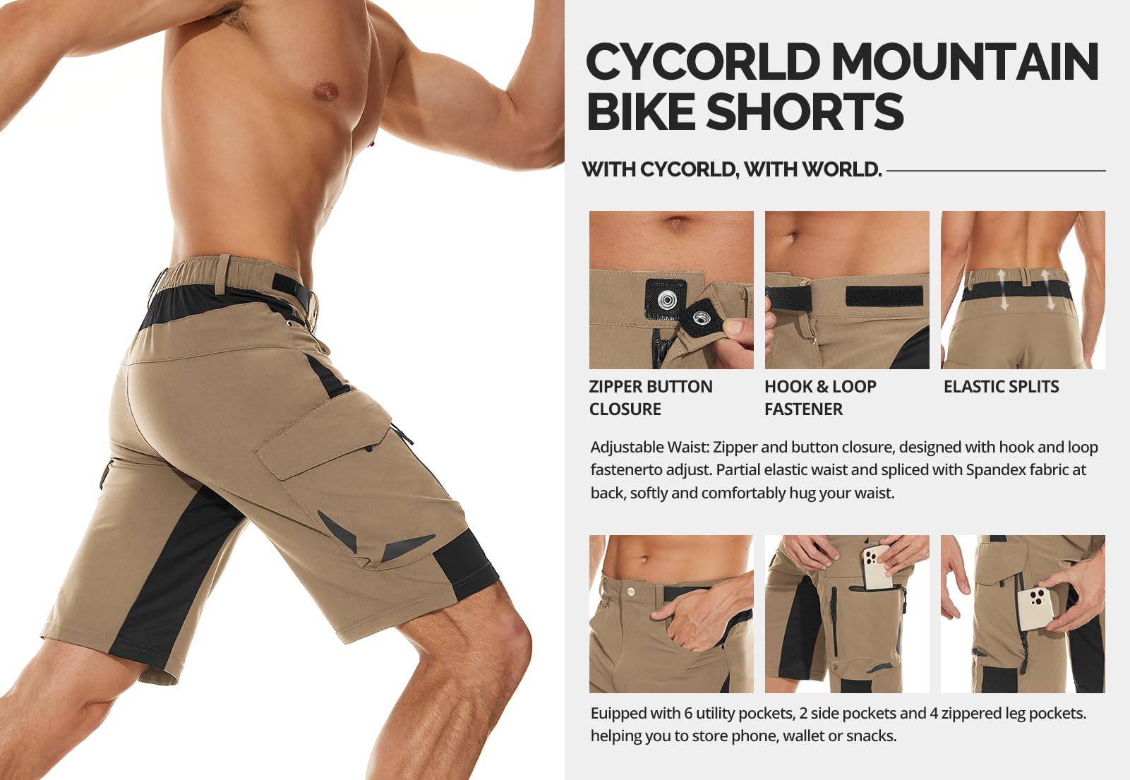Cycorld Men's Mountain Bike Shorts - Cycling & Hiking Cargo Shorts for Outdoor Sports