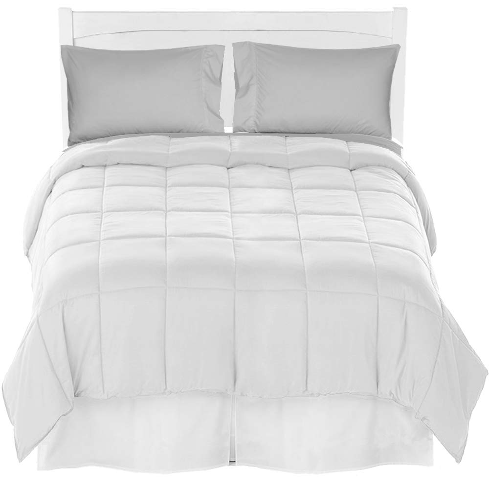 Premium Ultra-Soft Brushed Microfiber Queen Comforter Set with Sheet Set & Bed Skirt - White Comforter, Light Grey Sheets, White Bed Skirt for Cozy Bedroom Decor & Guest Room Essentials