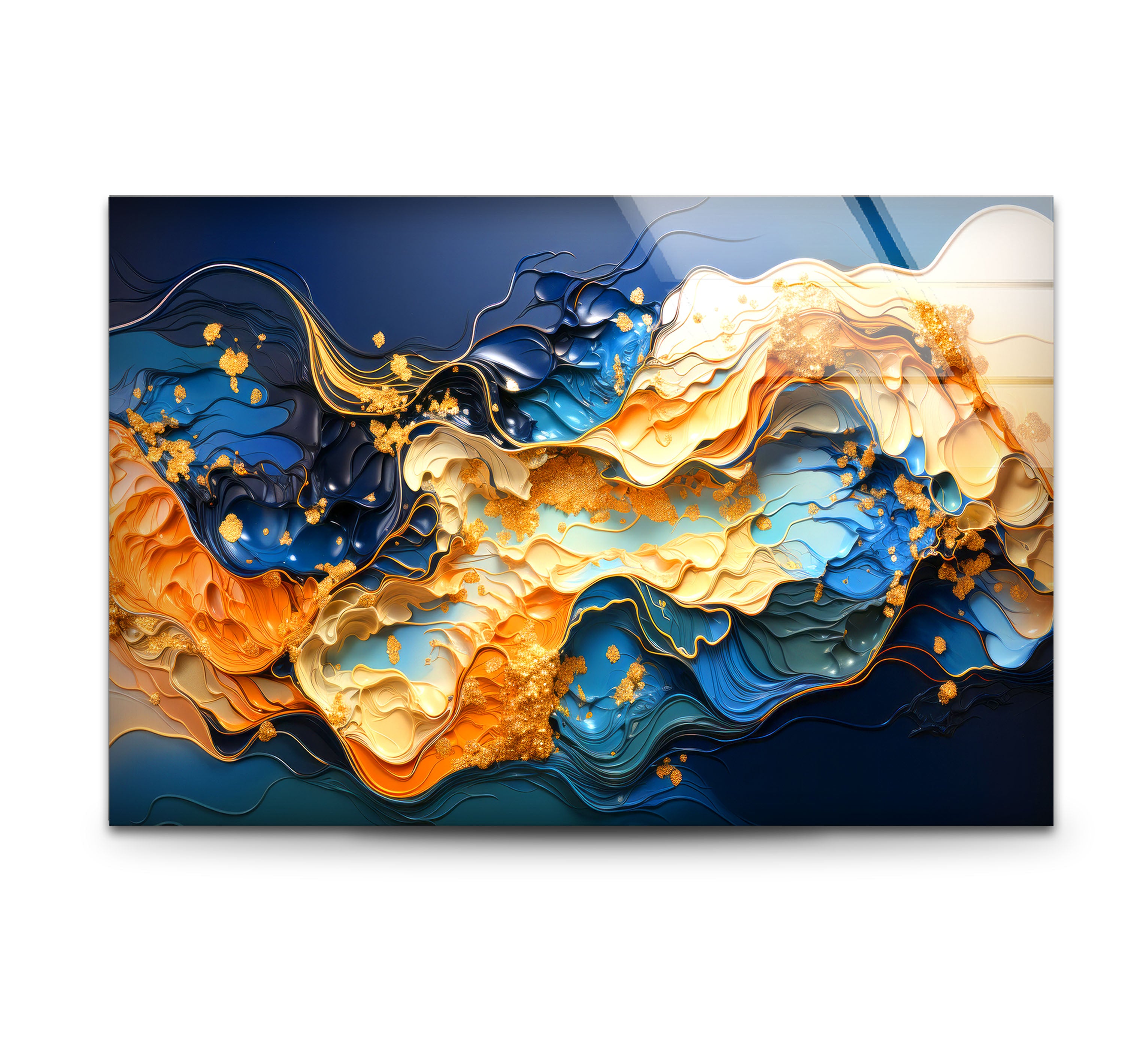 Blue Gold Abstract Wave Wall Art - Modern Fluid Glass Print for Home & Office Decor | Elegant Interior Design for Living Room, Bedroom & Office Spaces