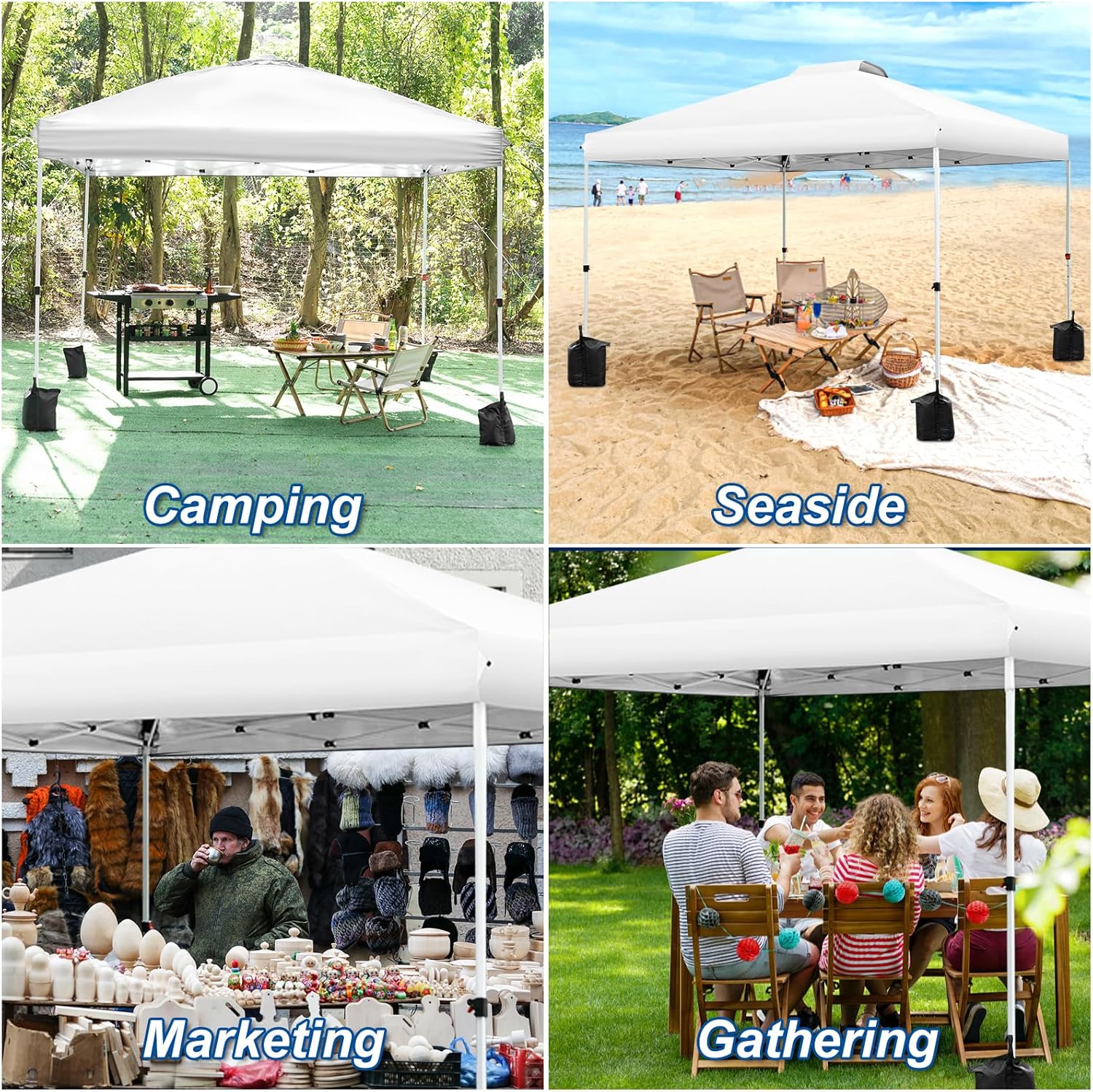 WEZIE 10x10 Pop Up Canopy Tent - One Button Quick Setup, Adjustable Height Gazebo with 4 Weight Bags | Portable Instant Shelter with Silver Coated Top & Sun Protection | Perfect for Outdoor Events, Camping, Beach Parties, Backyard Gatherings & Farmers Markets