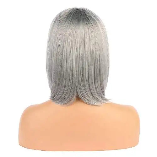 Silver Grey Bob Wig with Flat Bangs - Natural Looking Synthetic Hairpiece for Cosplay, Halloween & Daily Wear