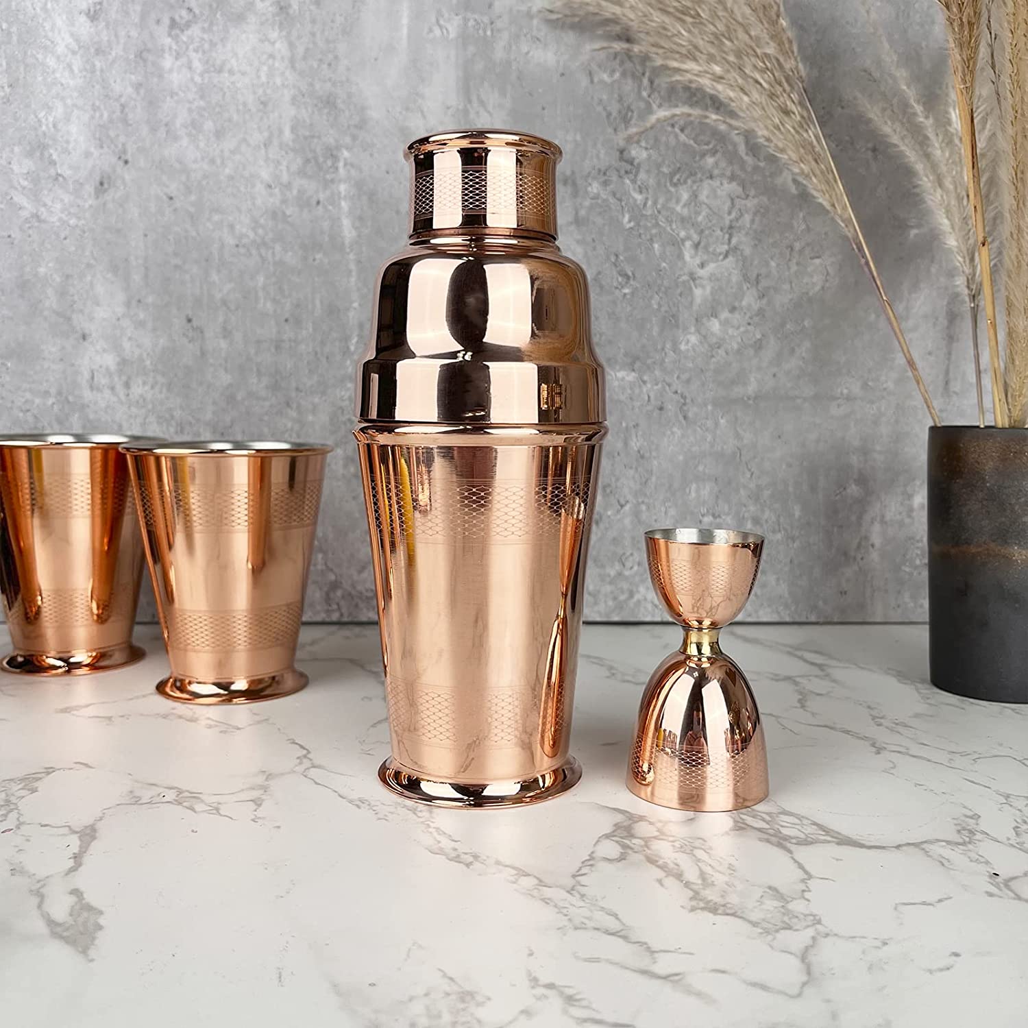 Vintage Inspired Copper & Brass Cocktail Shaker Set with Jigger - 1900s Art Deco Style Barware - Engine Turn Pattern for Classic Cocktails & Home Mixology
