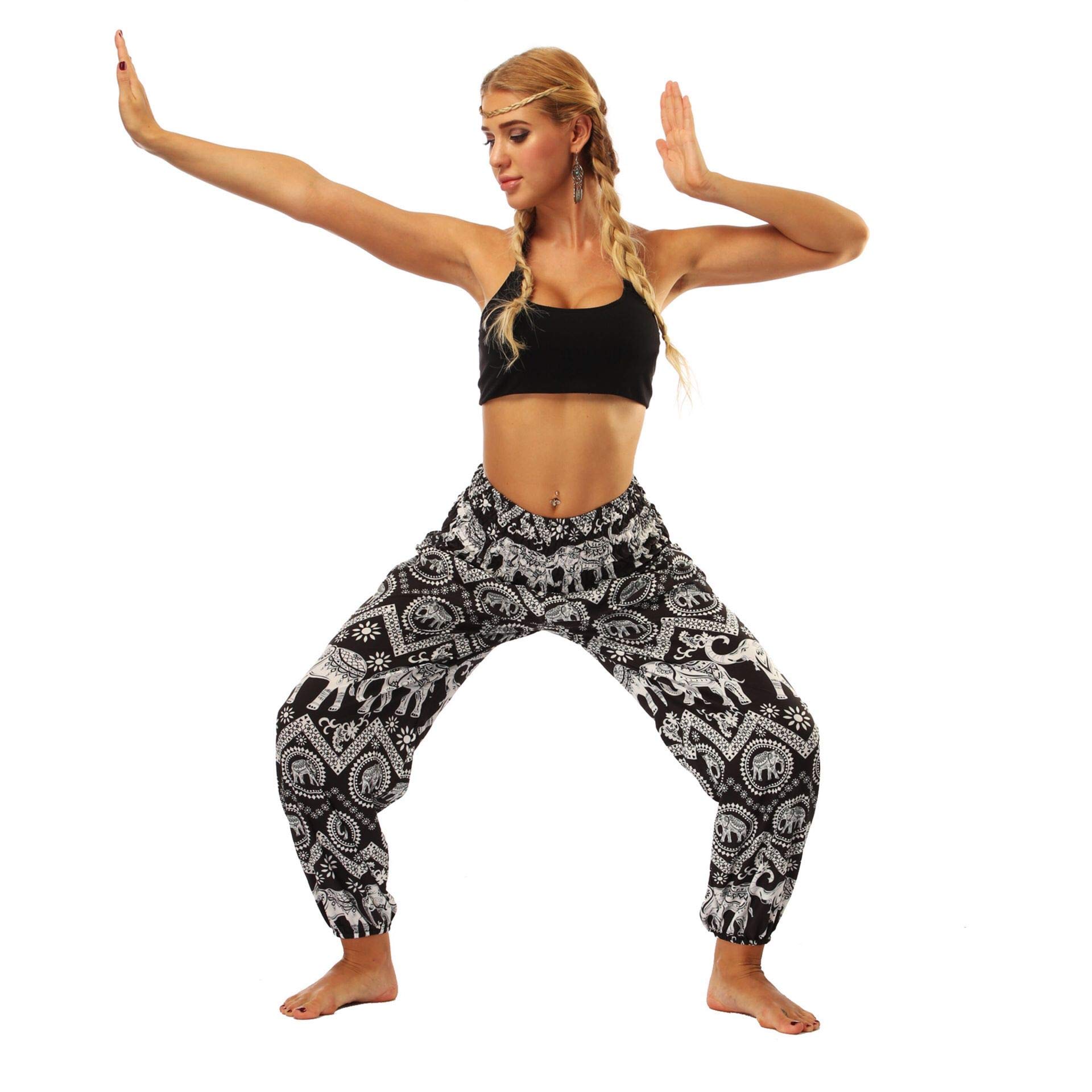 QUANYONG Women's Boho Harem Pants - High Waisted Yoga Pants with Smocked Waist - Flowy Hippie Beach Pants for Casual Wear, Yoga & Summer Vacation