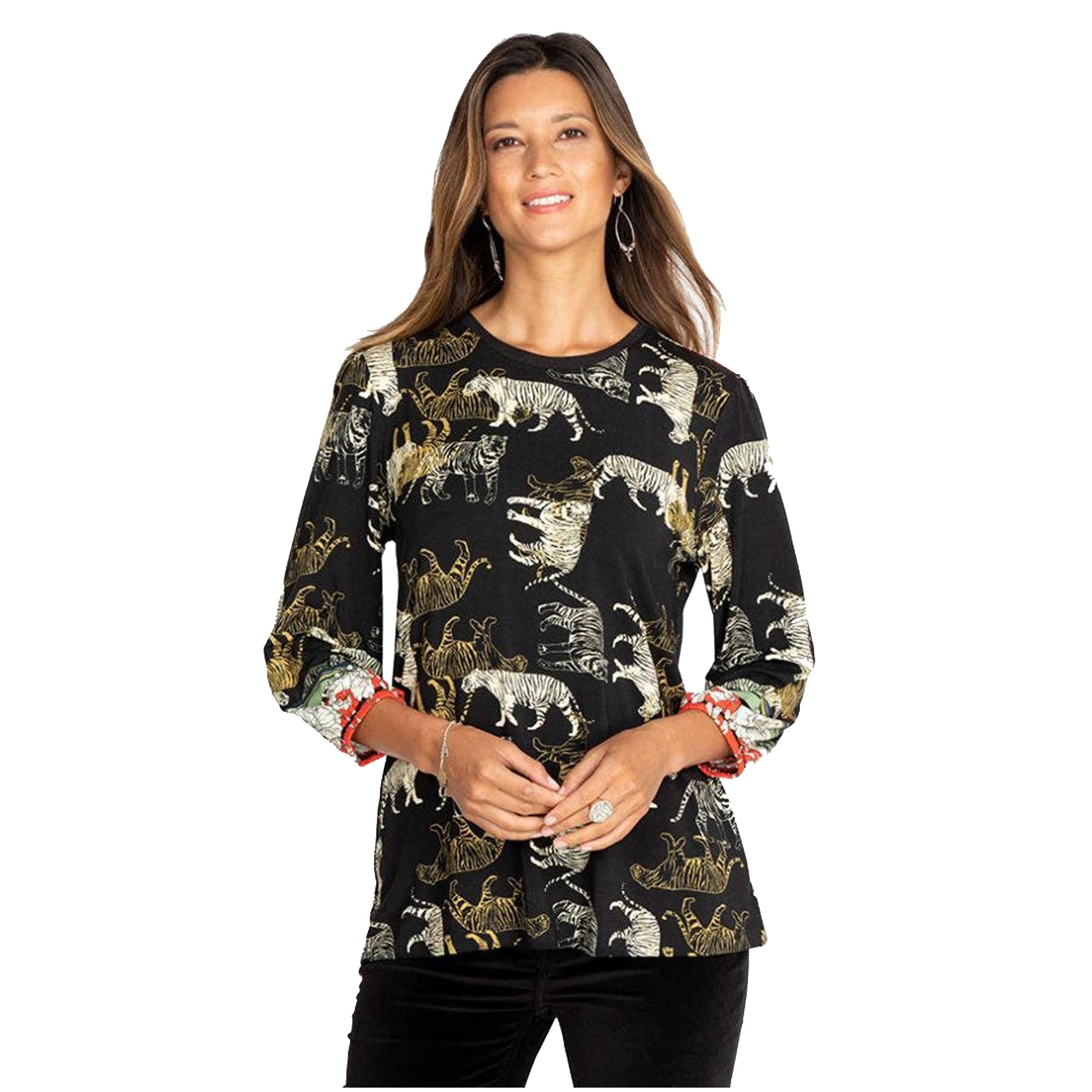 Johnny Was Women's Zebra Print Knit Puff Sleeve Long Sleeve Top - Black Animal Print Boho Chic Blouse for Casual Wear, Date Night & Holiday Outfits