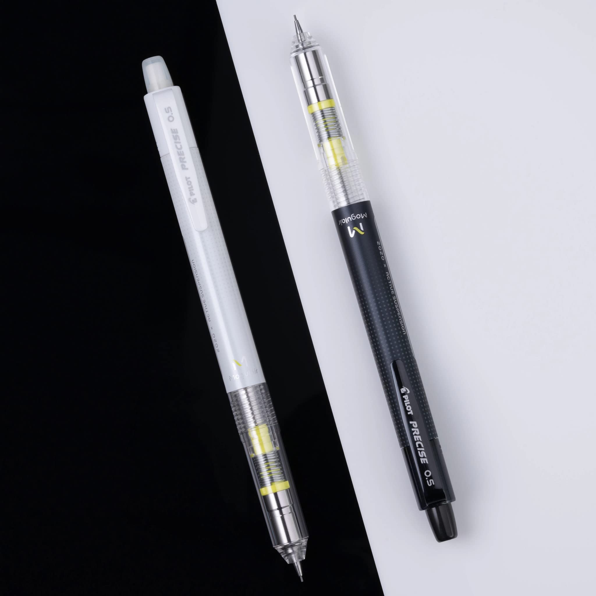 Premium Pilot Precise Mogulair Mechanical Pencils 0.5mm HB - 2 Pack with 12 Leads & 3 Erasers - Black & White Barrel for School, Office & Sketching - Smooth Writing Drafting Pencils for Students & Professionals