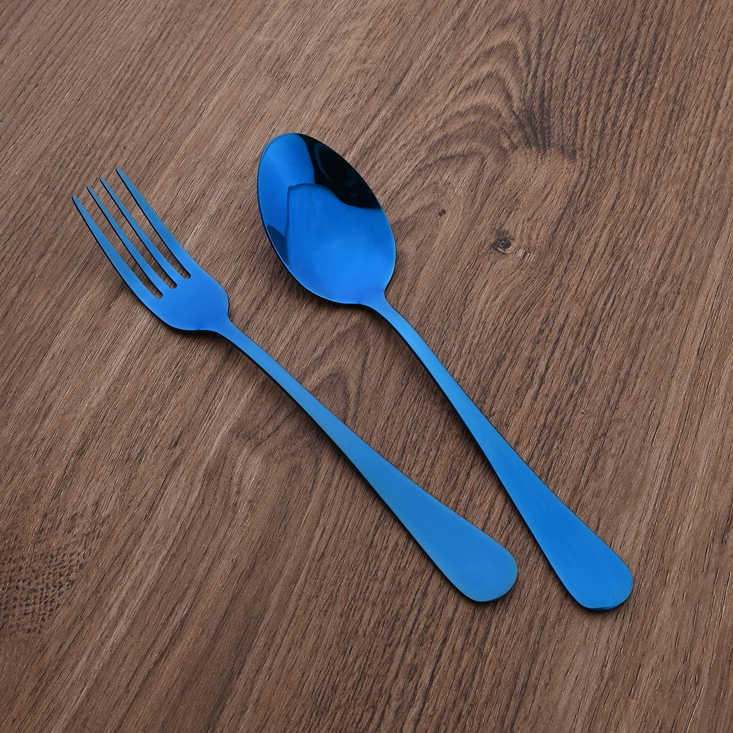 12-Piece Blue Stainless Steel Flatware Set - Mirror Polished Dinner Forks & Spoons (8 Inch, Dishwasher Safe) - Elegant Tableware for Restaurants, Weddings & Home Dining