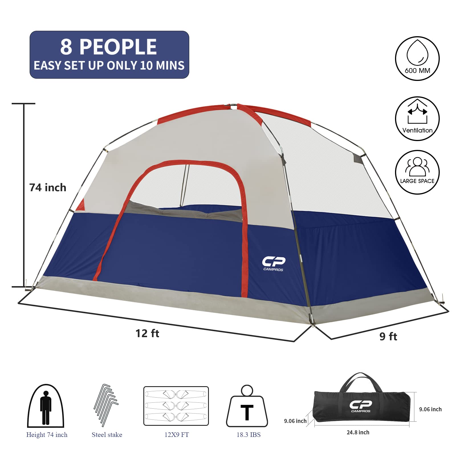 CP Tent 3/4/6/8 Person Waterproof Windproof Family Camping Tent with Rainfly - Large Mesh Windows & Wide Door - Easy Setup Portable Dome Tent with Carry Bag - Perfect for Backpacking, Hiking & Outdoor Adventures