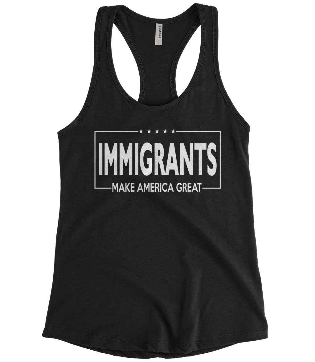 Cybertela Women's Patriotic Racerback Tank Top - 'Immigrants Make America Great' Slogan - Perfect for 4th of July, Political Rallies & Casual Wear