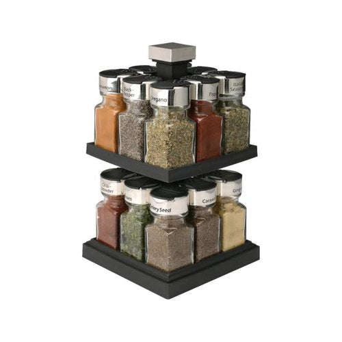Olde Thompson Carousel Spice Rack with 16 Jars - Black & Brushed Stainless Steel - Pre-Filled Spices - Perfect for Kitchen Organization & Cooking