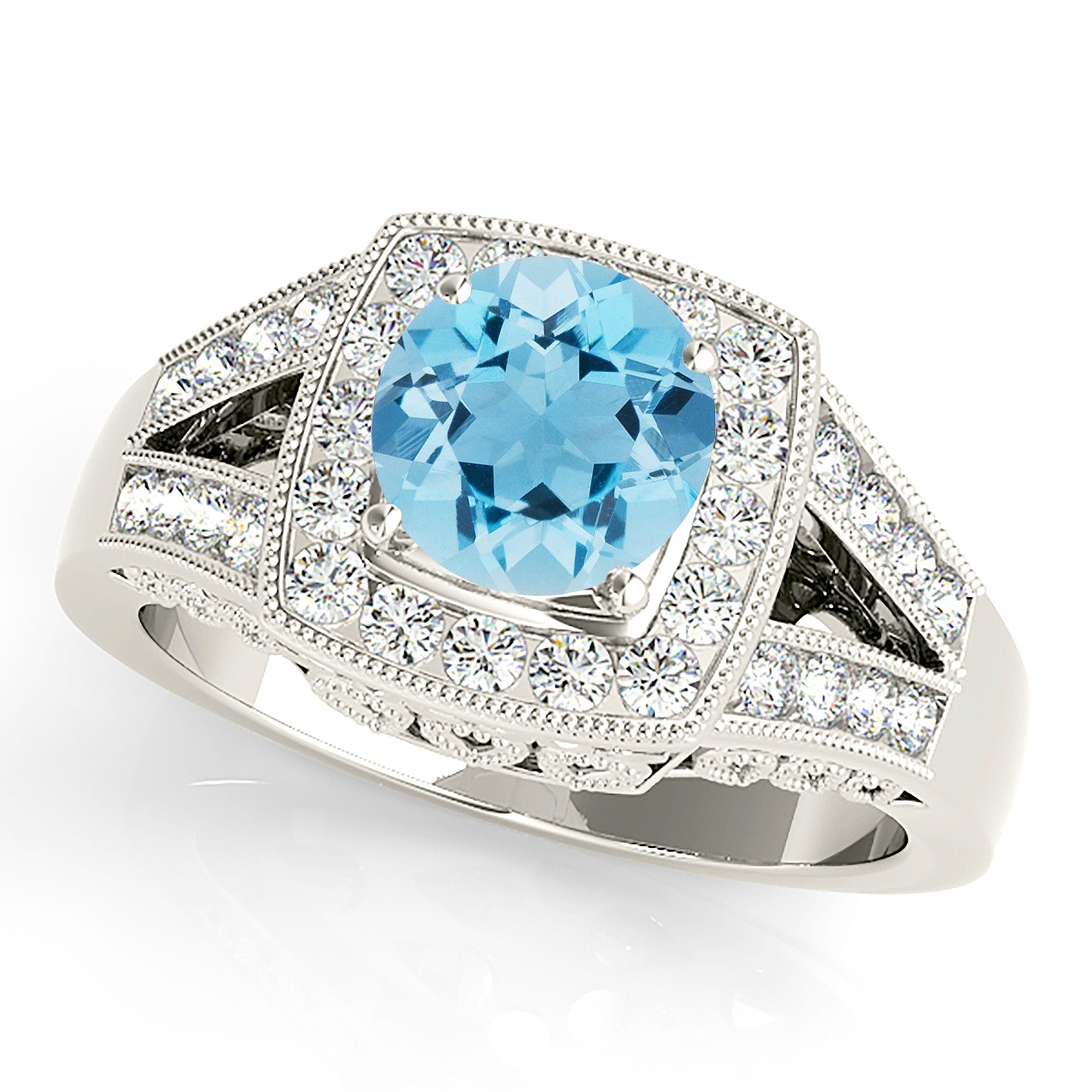1.65 Carat Genuine Aquamarine Ring with Cushion Halo & Fancy Filigree Diamond Accents - Elegant Wedding, Engagement & Anniversary Jewelry Gift for Women