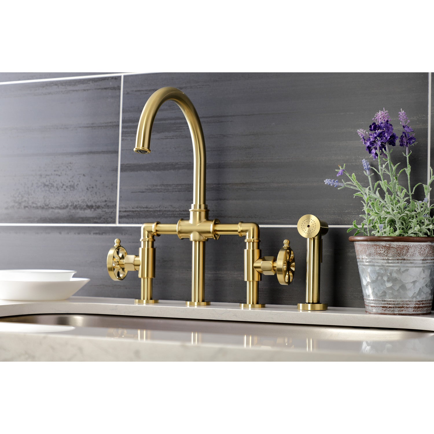 Belknap KS2337RX Industrial Style Bridge Kitchen Faucet - 2 Handle 4 Hole Deck Mount with Brass Side Sprayer in Brushed Brass Finish | Perfect for Farmhouse, Commercial & Modern Kitchens