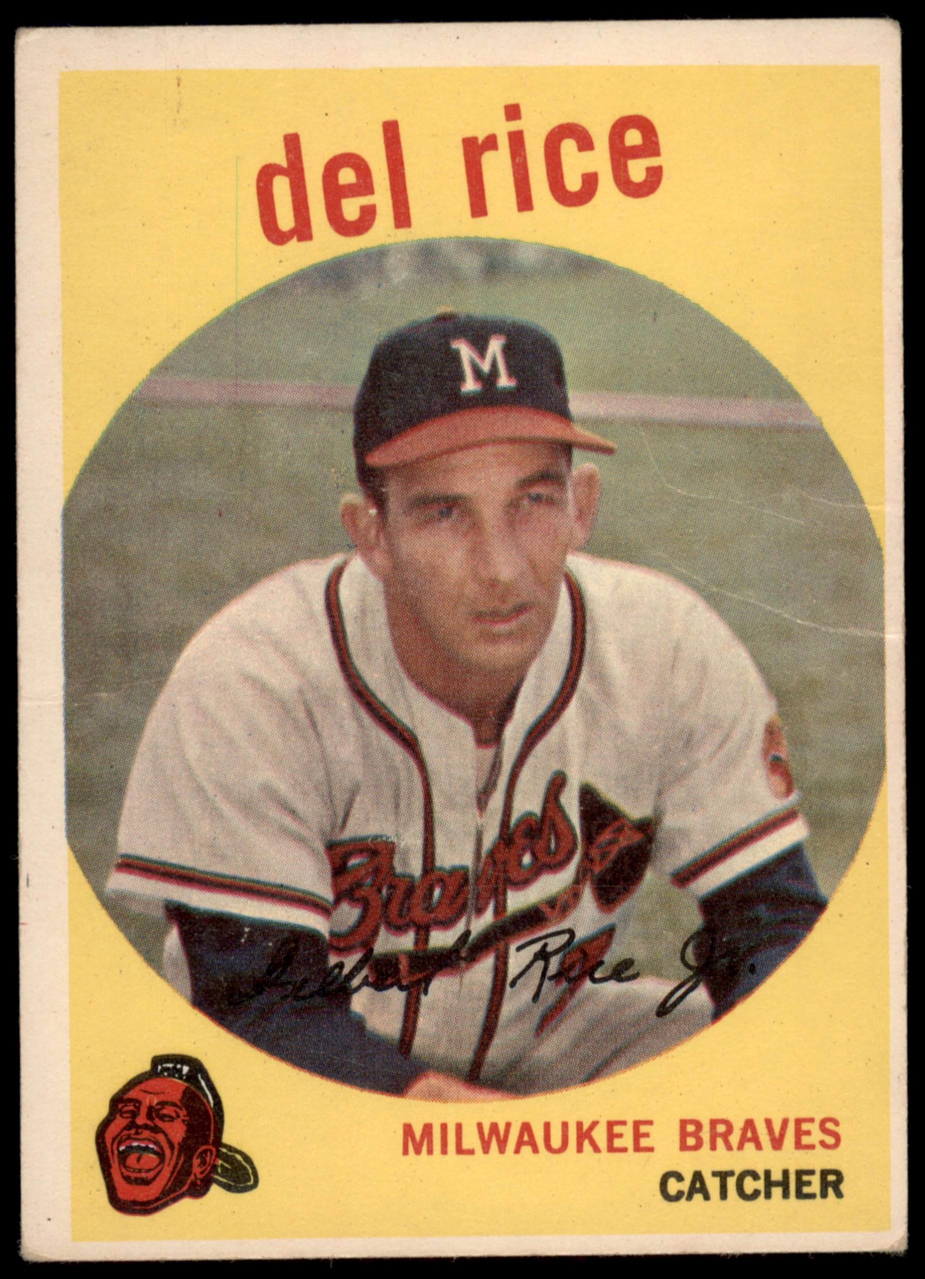 1959 Topps #104 Del Rice Milwaukee Braves Baseball Card - Good Condition - Vintage MLB Collectible for Fans & Card Enthusiasts - Perfect for Display, Trading & Memorabilia Collections