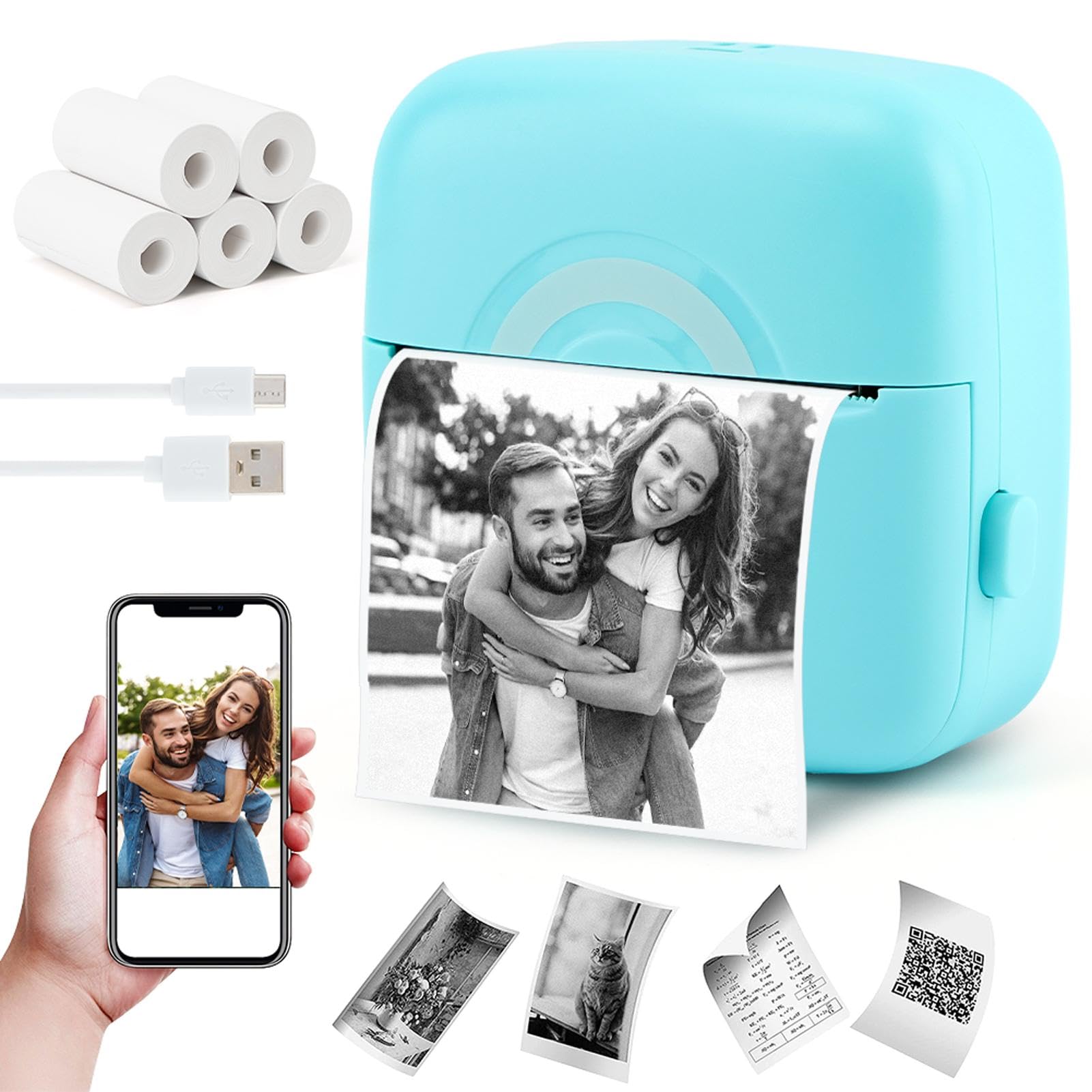 Saycker Mini Thermal Bluetooth Printer - Portable Inkless Sticker Maker for iPhone & Android, 200 DPI, 21 ppm, Includes 5 Rolls Paper (Blue) - Perfect for DIY Crafts, Labeling, Receipts & Small Business Use