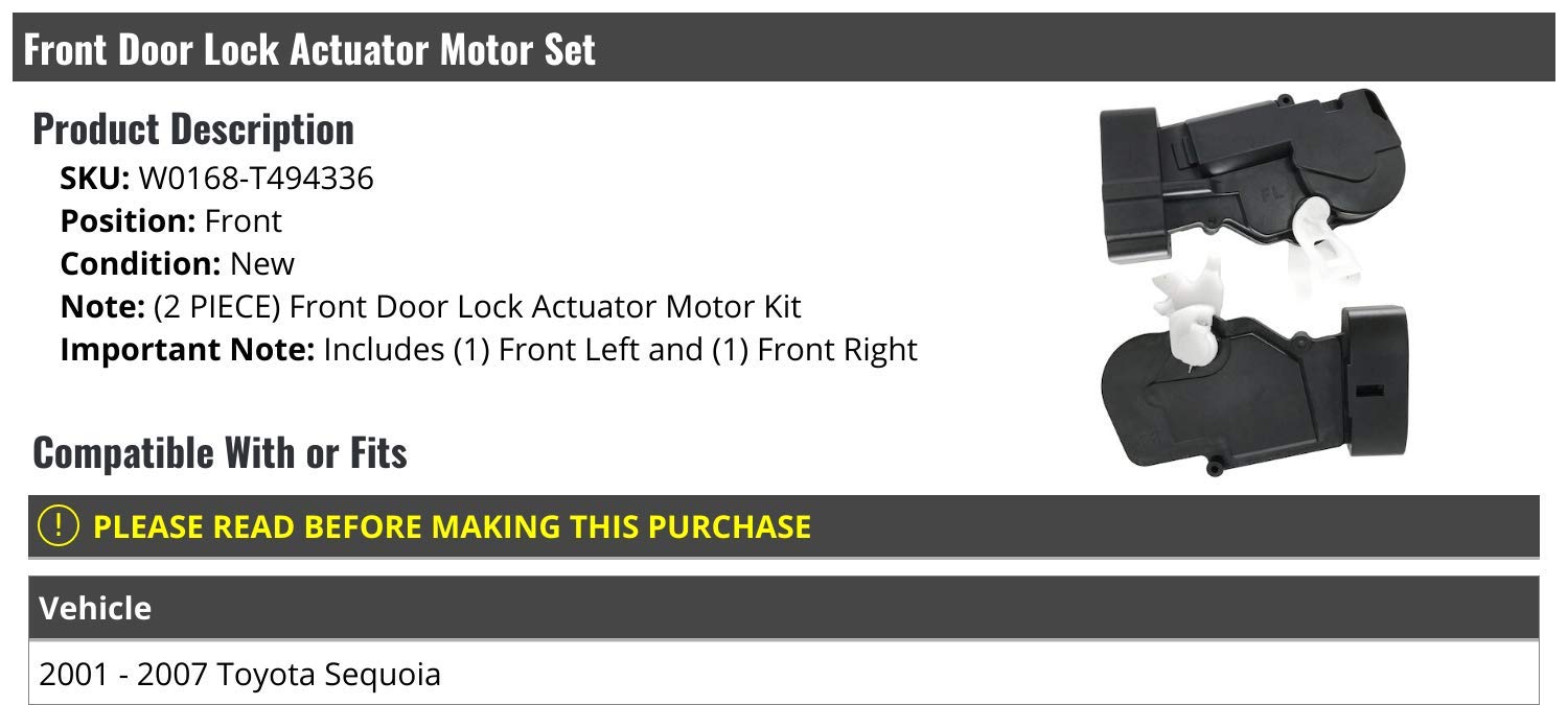 2001-2007 Toyota Sequoia Front Door Lock Actuator Motor Set - 2 Piece Replacement Parts - Easy DIY Installation for Secure Vehicle Access