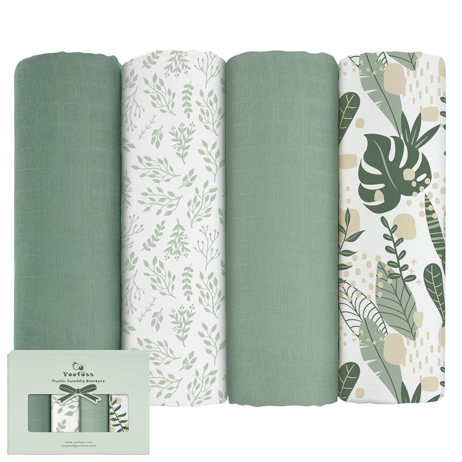 Yoofoss 4-Pack Muslin Swaddle Blankets for Babies - 47x47 Inch Soft Breathable Receiving Blankets for Boys & Girls (Green) - Perfect for Swaddling, Nursing, Stroller & Photo Shoots