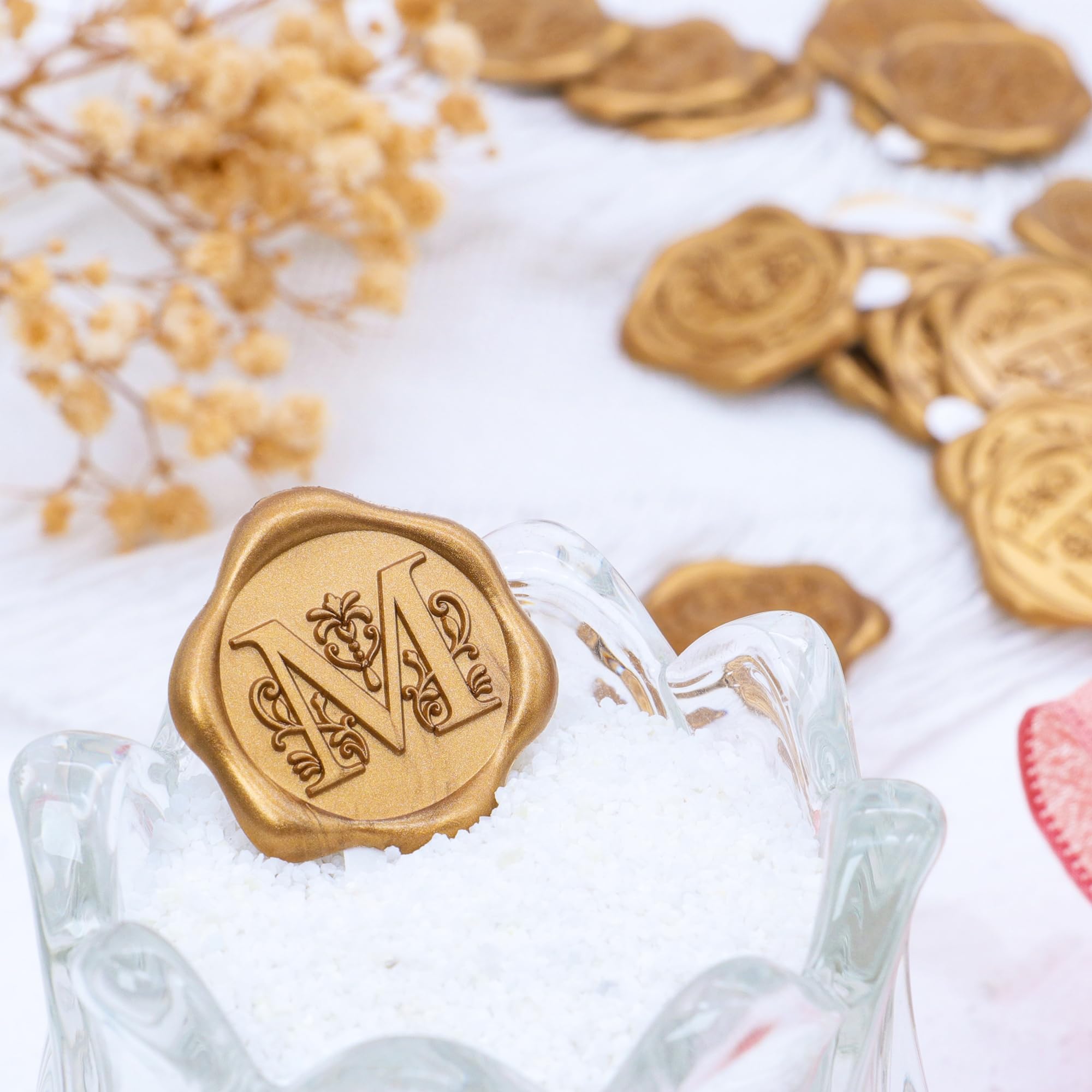 SWANGSA 50 Pack Letter M Wax Seal Stickers - Antique Gold Initial Alphabet Self-Adhesive Wax Seals for Wedding Invitations, Party Envelopes, Greeting Cards & DIY Scrapbooking
