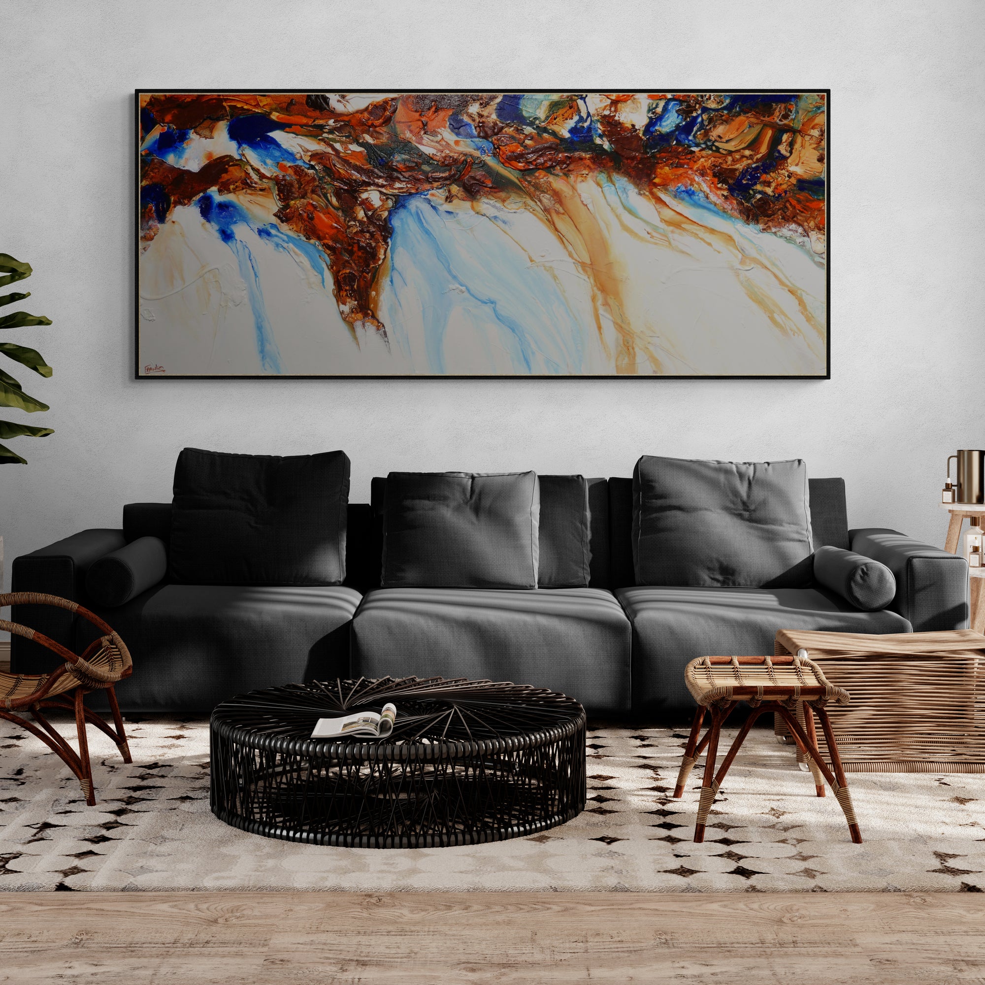 Sapphire Blue Coast 240cm x 100cm White Blue Ochre Textured Abstract Canvas Art - Modern Wall Decor for Living Room, Bedroom & Office