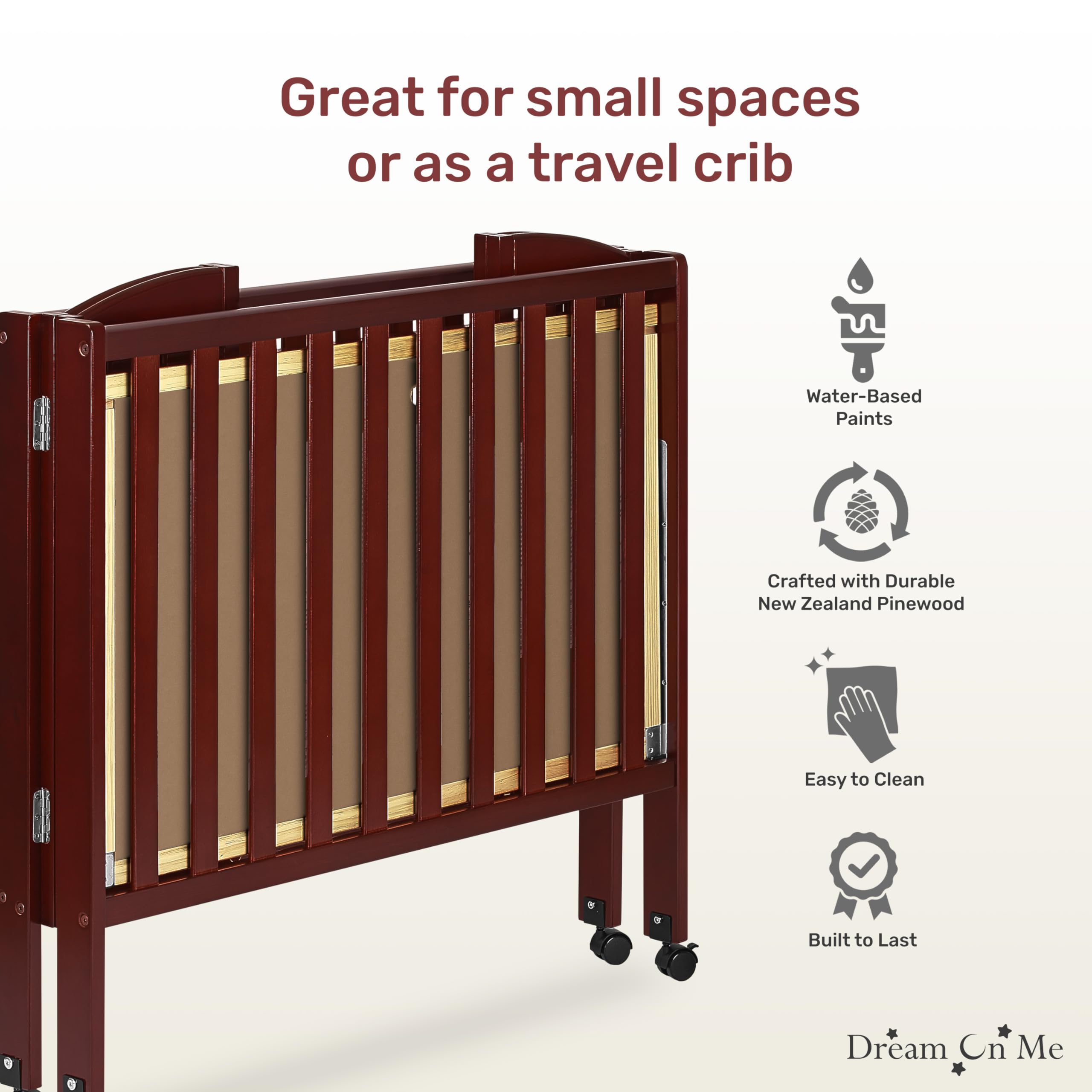 Dream On Me 3-in-1 Portable Folding Convertible Baby Crib - Cherry Wood, Greenguard Gold Certified, Adjustable Mattress Heights & Locking Safety Wheels | Nursery, Bedroom & Travel Use