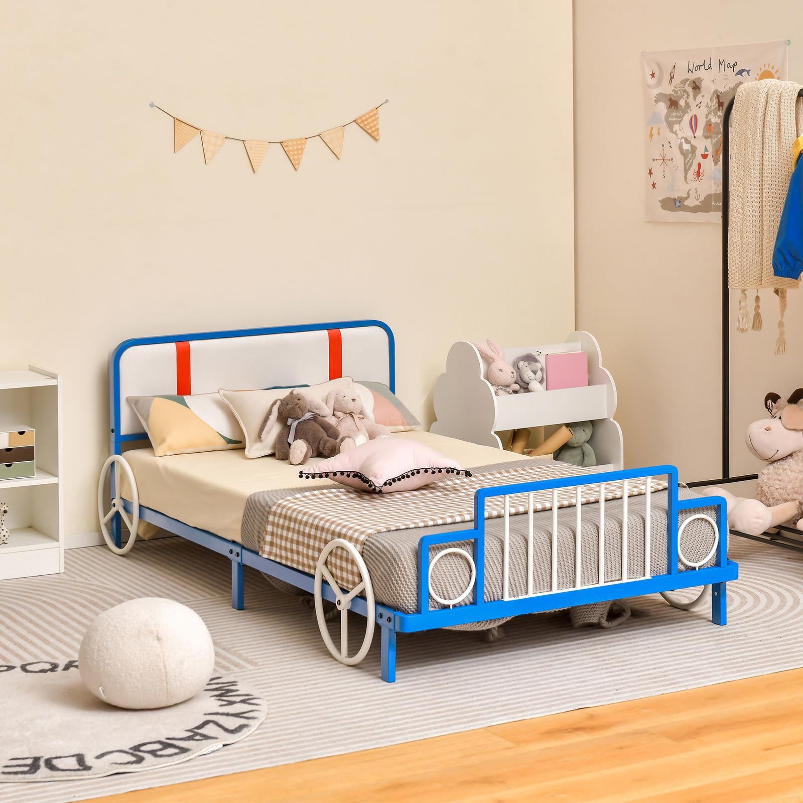 Costzon Twin Bed Frame for Kids - Sturdy Metal Platform with Slat Support, Padded Headboard & Footboard | No Box Spring Required | Easy Assembly | Fits Standard Twin Mattress (Racing Car Design) | Perfect for Kids' Bedrooms, Dorm Rooms & Guest Rooms